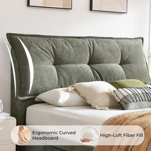 VELOCAVA Full Size Upholstered Bed Frame with 2 Drawers Storage, Platform Bed with Soft &amp; Cushioned Headboard, Sturdy Wood Slats, Underbed Storage, No Box Spring Needed, Sage Green
