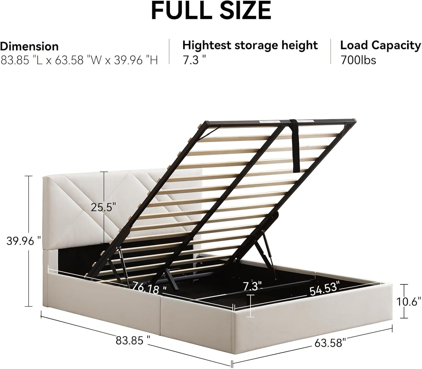 VELOCAVA Full Size Hydraulic Storage Bed with Modern Geometric Headboard Velvet,Lift-Up Storage, No Box Spring Needed, Cream