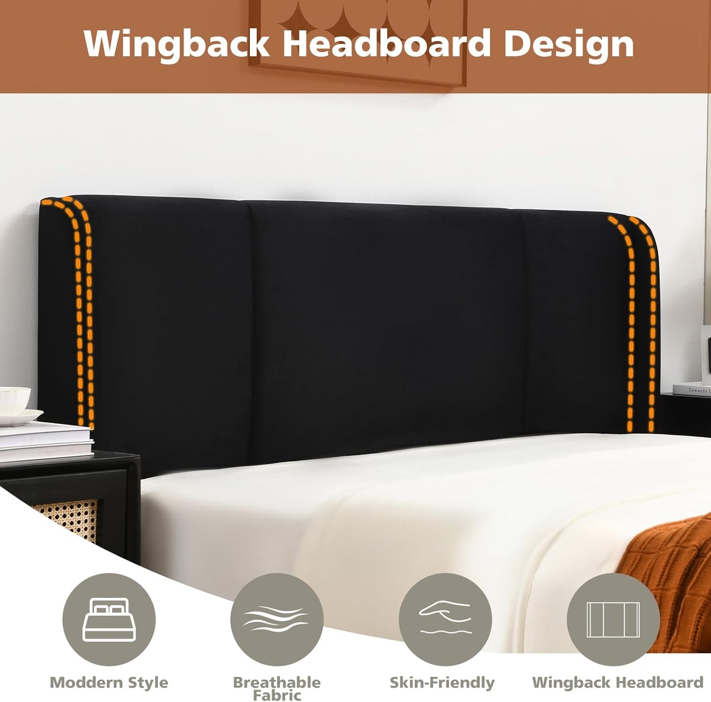 VELOCAVA Lift Up Storage Bed Frame, Velvet-Look Upholstered Bed with Modern Wingback Headboard, Gas Lift Storage, Space Saving Design, No Box Spring Needed, Black