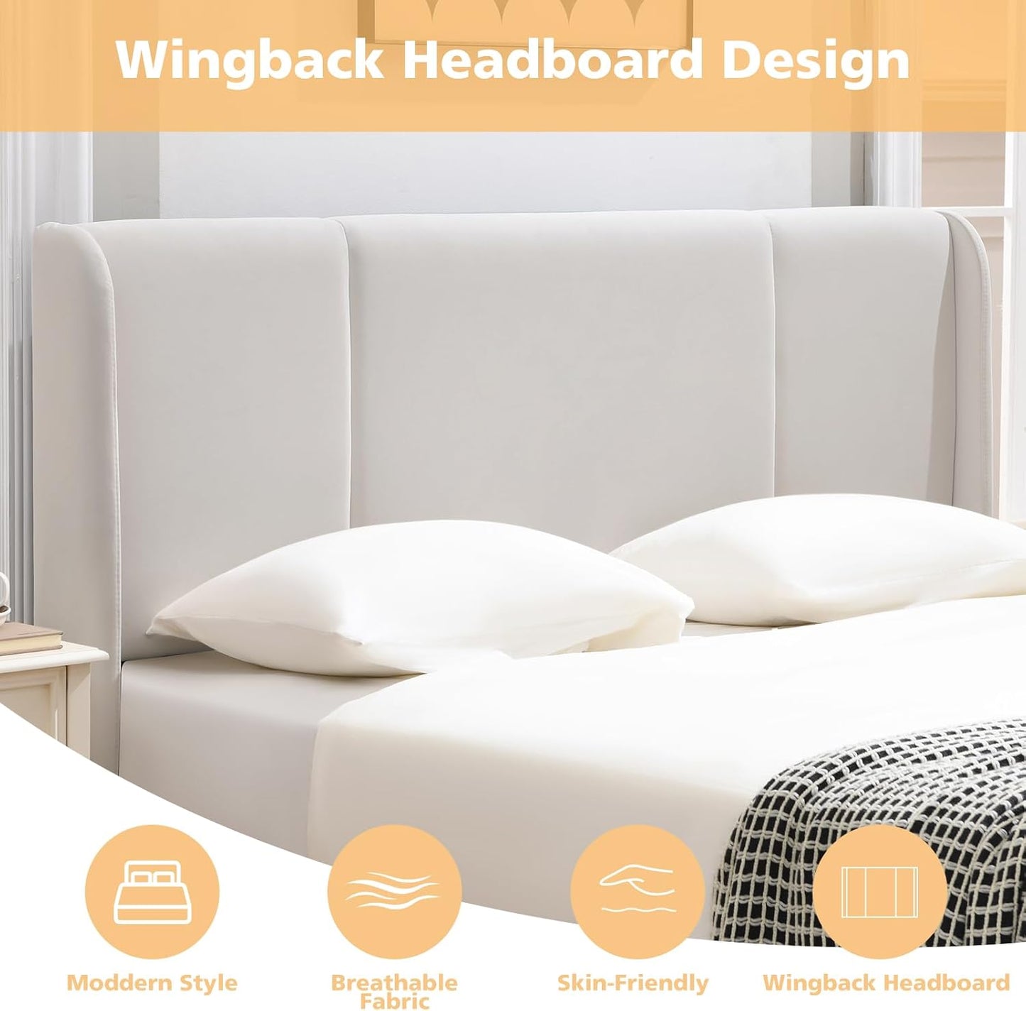 VELOCAVA Lift Up Storage Bed Frame, Velvet-Look Upholstered Bed with Modern Wingback Headboard, Gas Lift Storage, Space Saving Design, No Box Spring Needed, White
