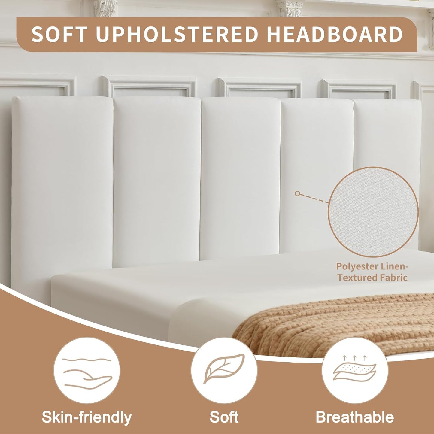 VELOCAVA Upholstered Platform Bed Frame with Vertical Panel Headboard &amp; 6" Upholstered Block Legs, 11 Wood Slats and 5 Support Legs, No Box Spring Needed, Linen-Look Fabric, White