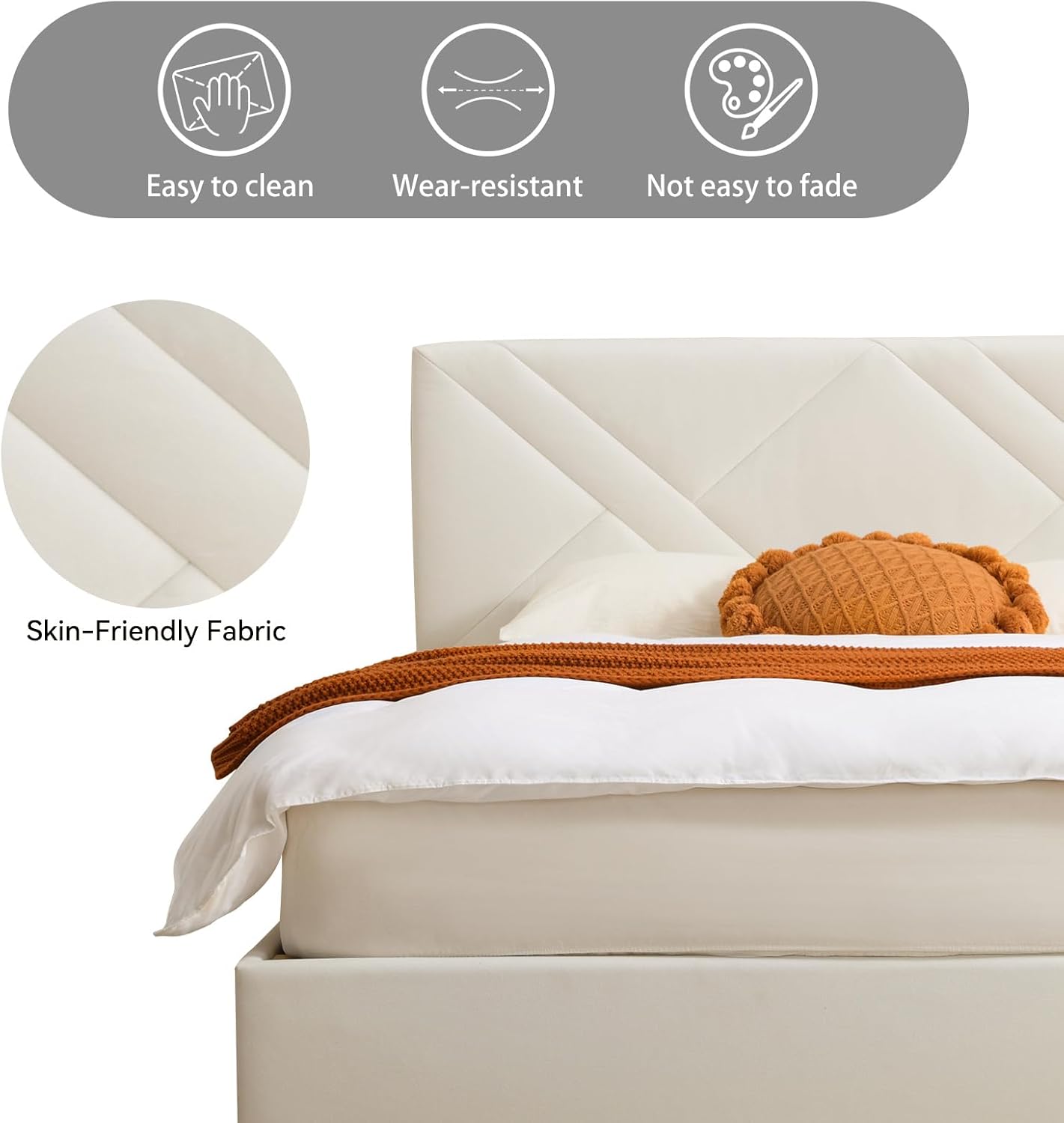 VELOCAVA Full Size Hydraulic Storage Bed with Modern Geometric Headboard Velvet,Lift-Up Storage, No Box Spring Needed, Cream