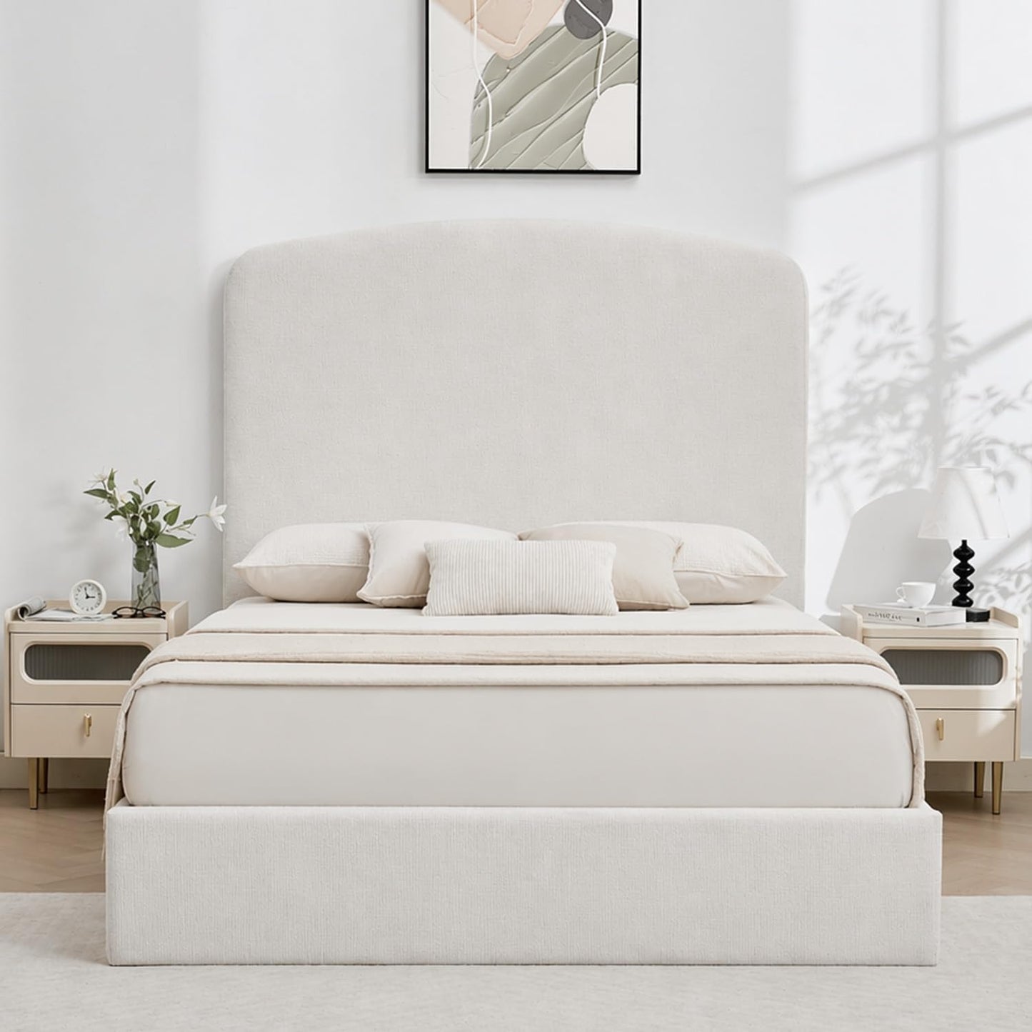VELOCAVA Lift Up Storage Bed Frame with 63" Tall Headboard, Upholstered Platform Bed with Storage Underneath, Removable Linen-Look Headboard Cover, No Box Spring Needed, Cream White