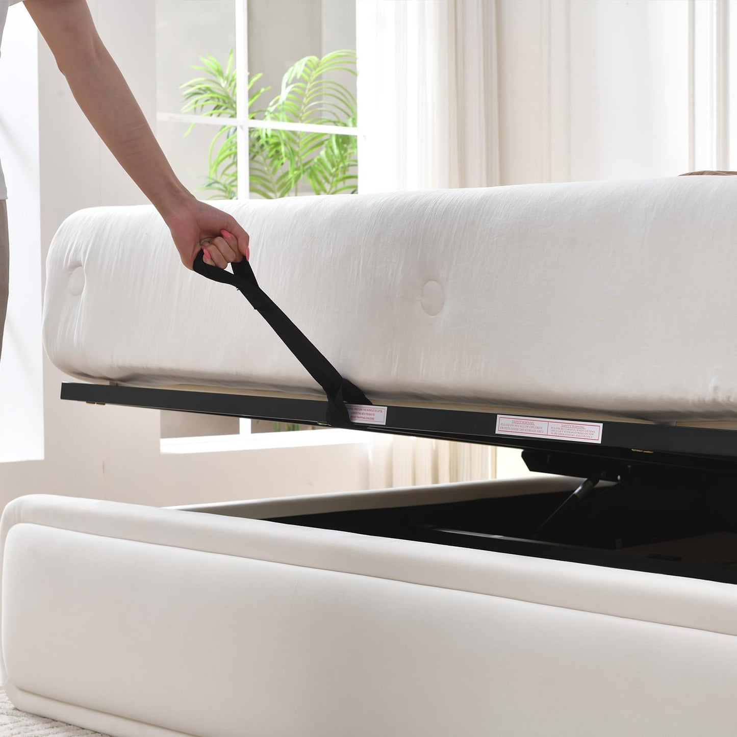 VELOCAVA Lift Up Storage Bed, Velvet-Look Upholstered Platform Bed Frame with 57" Tall Headboard, Linear Design, Hydraulic Storage, No Box Spring Needed, Cream White