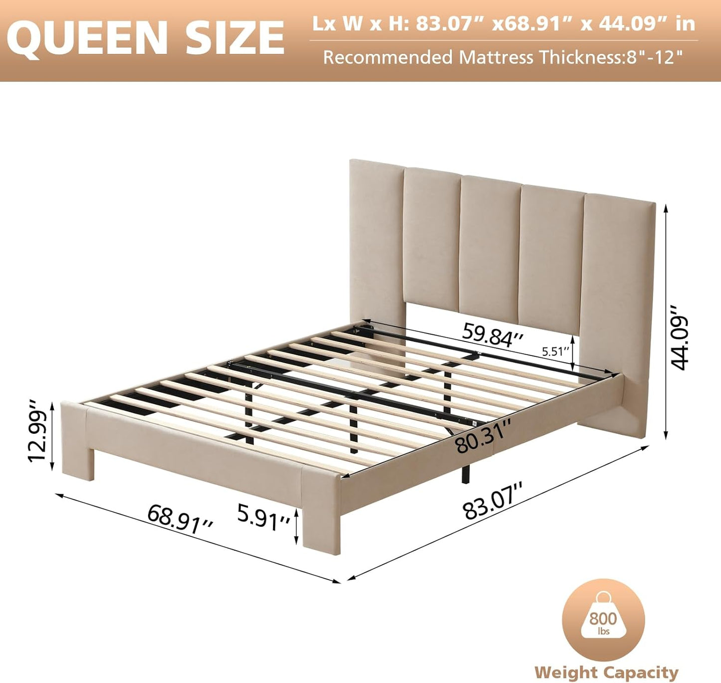 VELOCAVA Upholstered Platform Bed Frame with Vertical Panel Headboard &amp; 6" Upholstered Block Legs, 11 Wood Slats and 5 Support Legs, No Box Spring Needed, Linen-Look Fabric, Beige