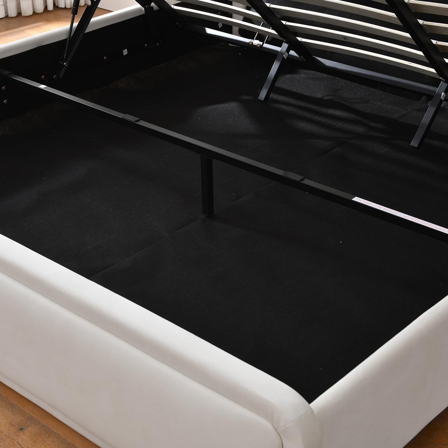 VELOCAVA Lift Up Storage Bed, Velvet-Look Upholstered Platform Bed Frame with 57" Tall Headboard, Linear Design, Hydraulic Storage, No Box Spring Needed, Cream White
