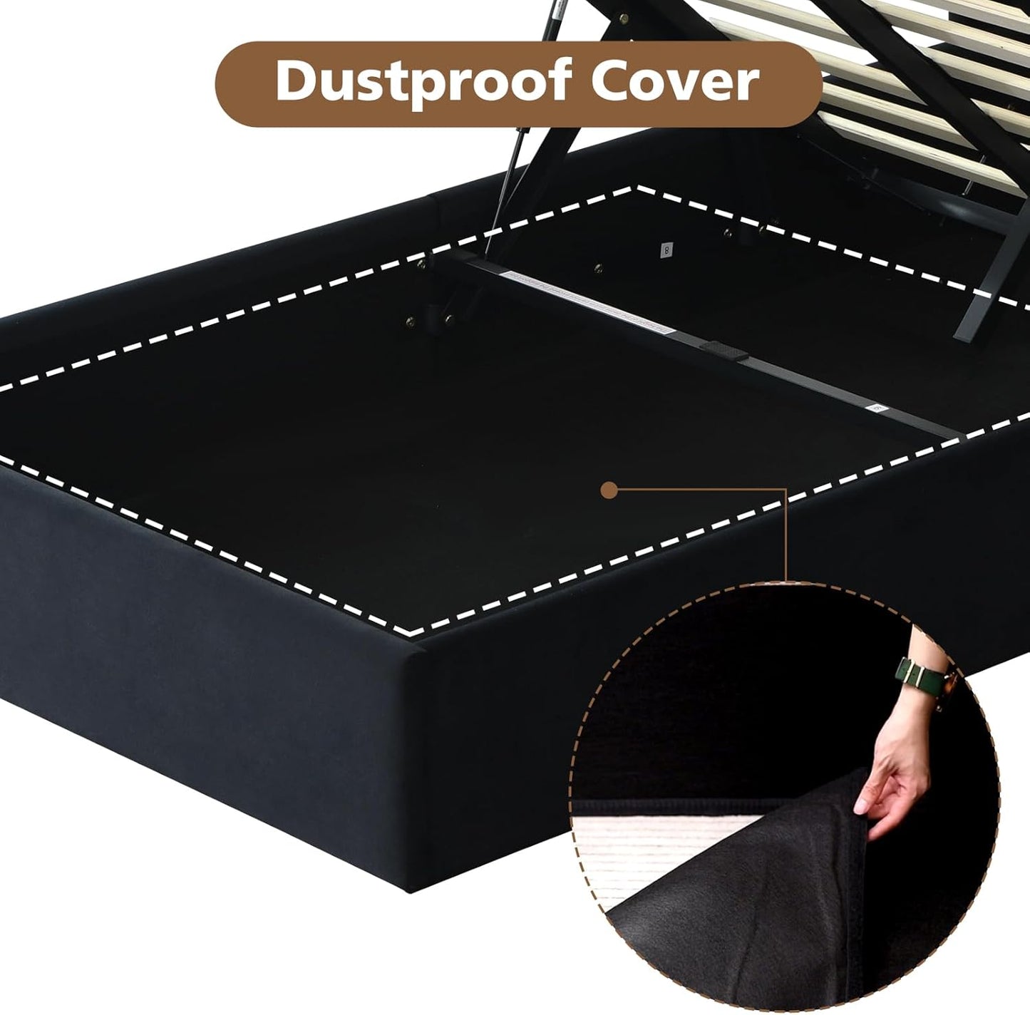 VELOCAVA Lift Up Storage Bed Frame, Velvet-Look Upholstered Bed with Modern Wingback Headboard, Gas Lift Storage, Space Saving Design, No Box Spring Needed, Black
