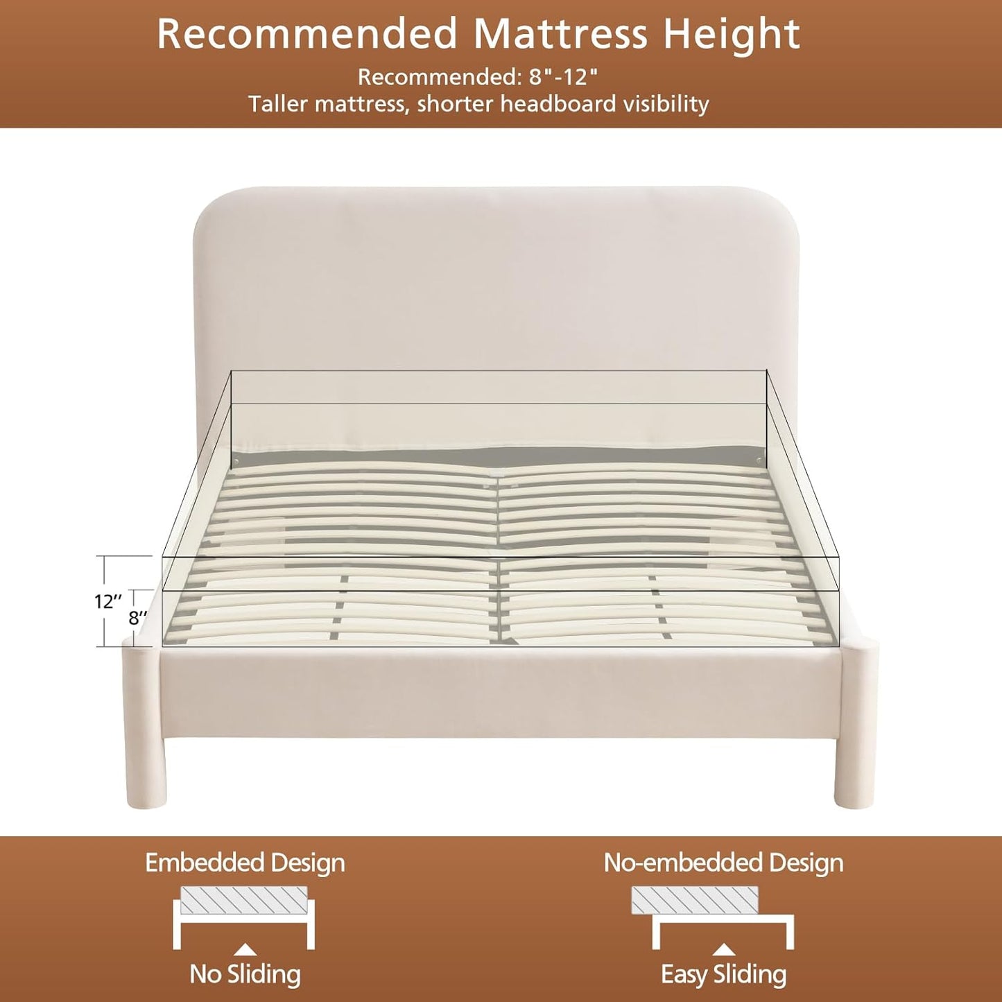 VELOCAVA Upholstered Platform Bed Frame with Curved Headboard and Cylindrical Legs, Rounded Corners Design, Sturdy 30-Slat Support, No Box Spring Required, Linen-Blend Fabric, Beige