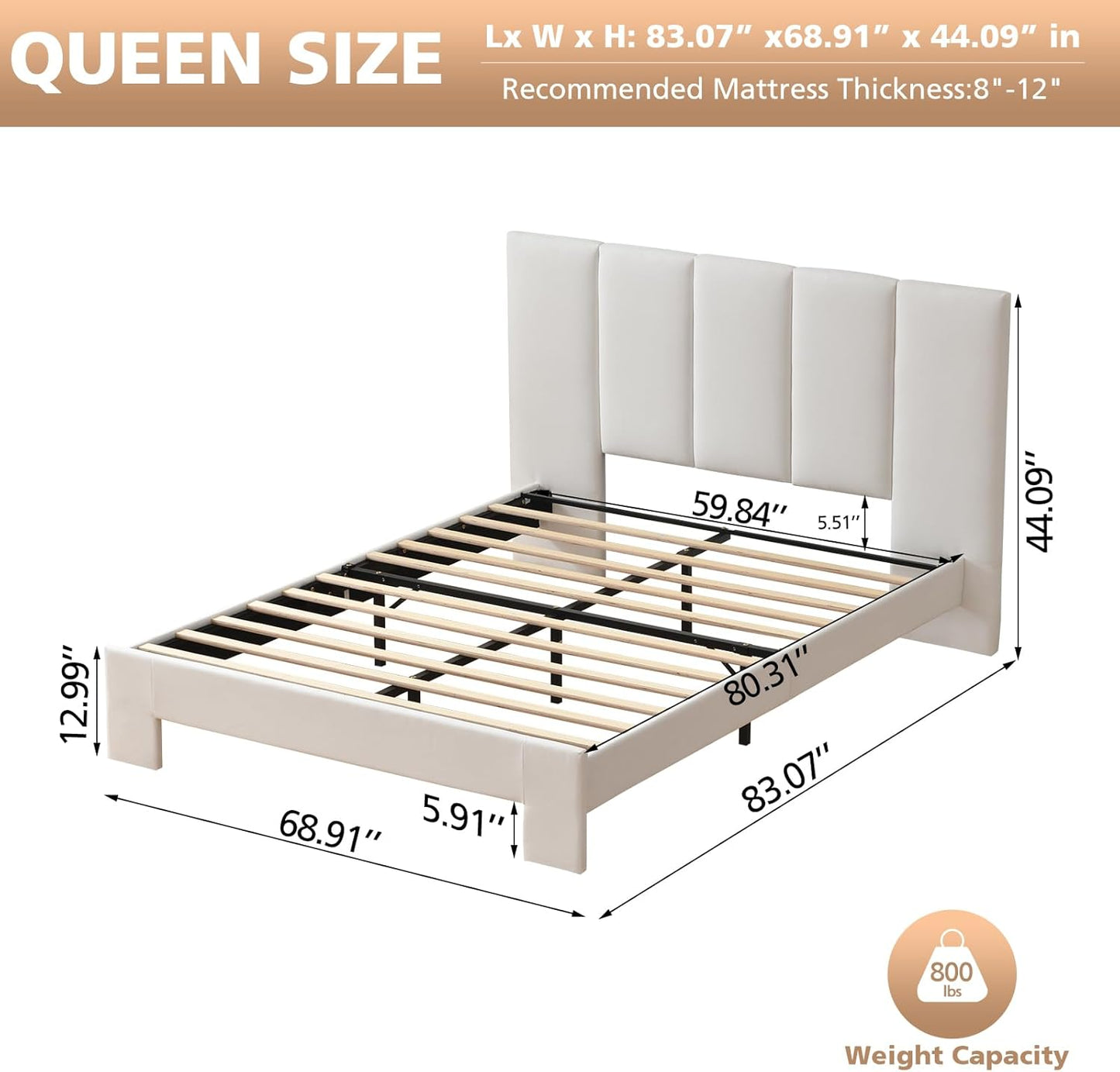 VELOCAVA Upholstered Platform Bed Frame with Vertical Panel Headboard &amp; 6" Upholstered Block Legs, 11 Wood Slats and 5 Support Legs, No Box Spring Needed, Linen-Look Fabric, White
