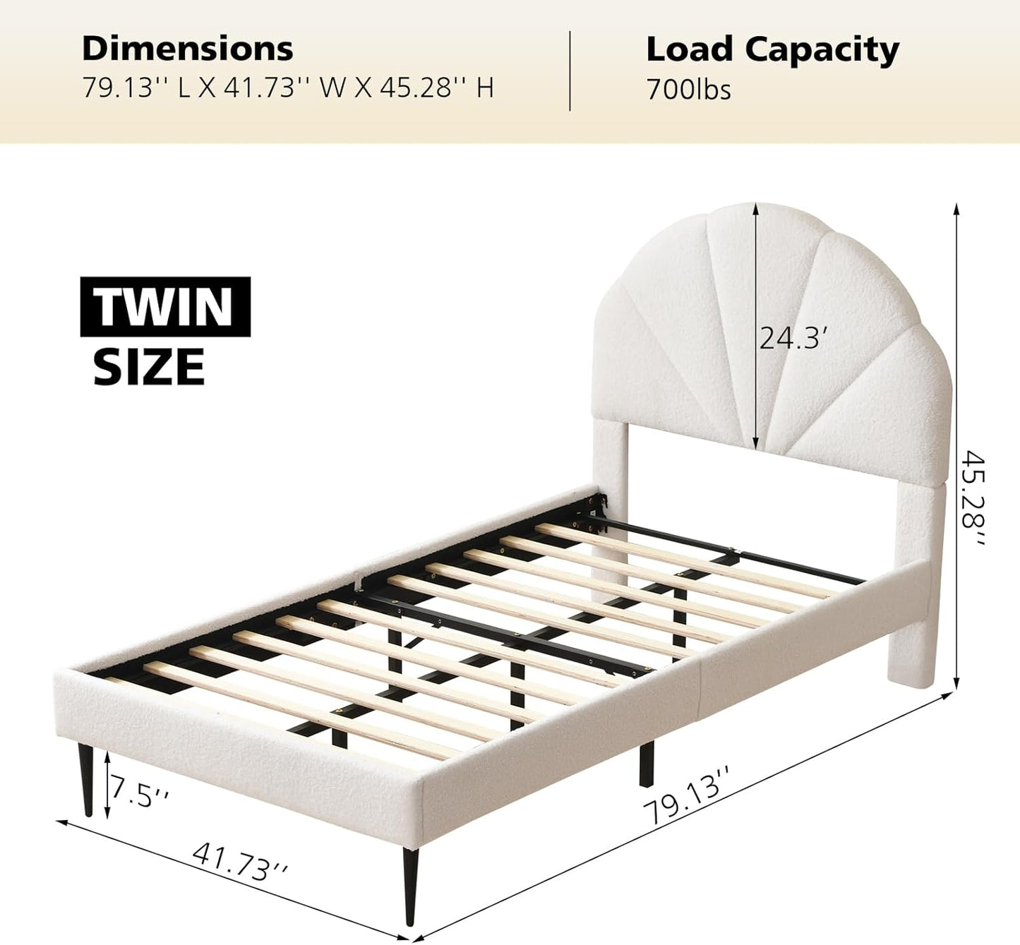 VELOCAVA White Boucle Bed with Seashell Headboard, Upholstered Platform Girls Bed with Soft Rounded Corners, Wooden Slats Support, No Box Spring Needed, Easy Assembly
