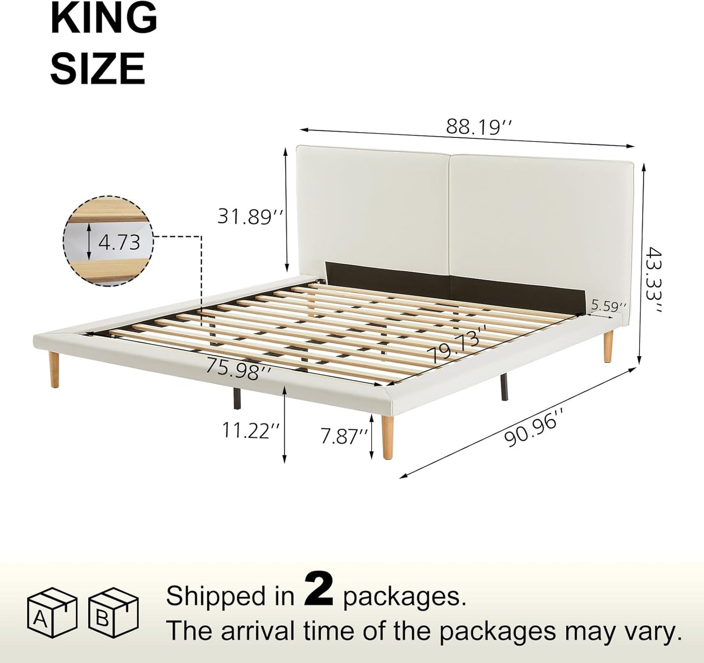 VELOCAVA Platform Bed Frame with 5.9" Wide Side Rails, Beige Upholstered Bed with Headboard, Low Profile Scandinavian Style, 7.9" Underbed Storage, No Box Spring Needed