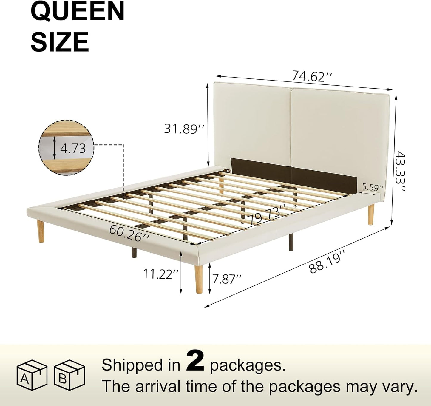 VELOCAVA Platform Bed Frame with 5.9" Wide Side Rails, Beige Upholstered Bed with Headboard, Low Profile Scandinavian Style, 7.9" Underbed Storage, No Box Spring Needed