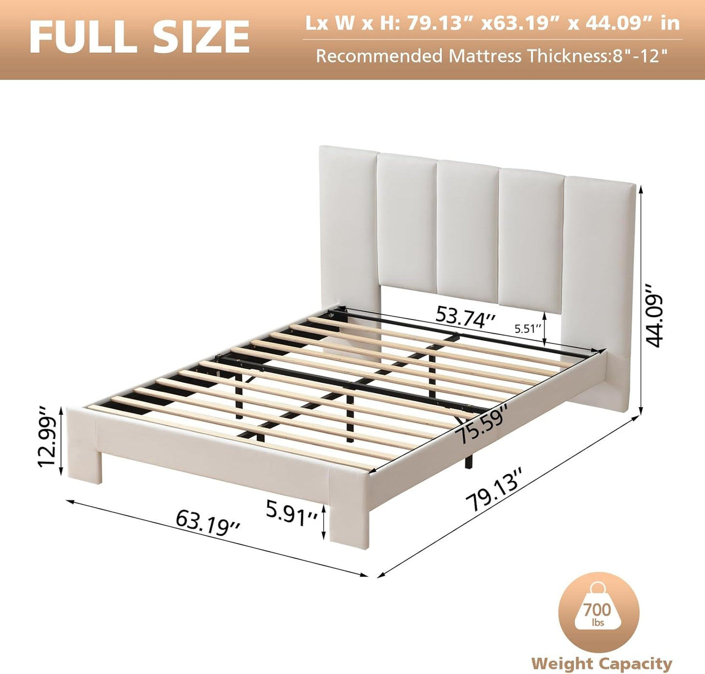 VELOCAVA Upholstered Platform Bed Frame with Vertical Panel Headboard &amp; 6" Upholstered Block Legs, 11 Wood Slats and 5 Support Legs, No Box Spring Needed, Linen-Look Fabric, White