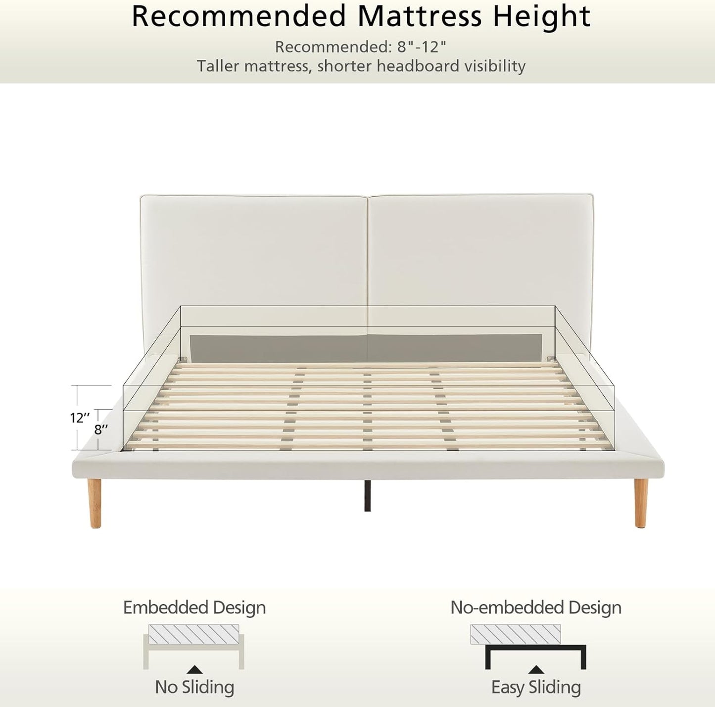VELOCAVA Platform Bed Frame with 5.9" Wide Side Rails, Beige Upholstered Bed with Headboard, Low Profile Scandinavian Style, 7.9" Underbed Storage, No Box Spring Needed