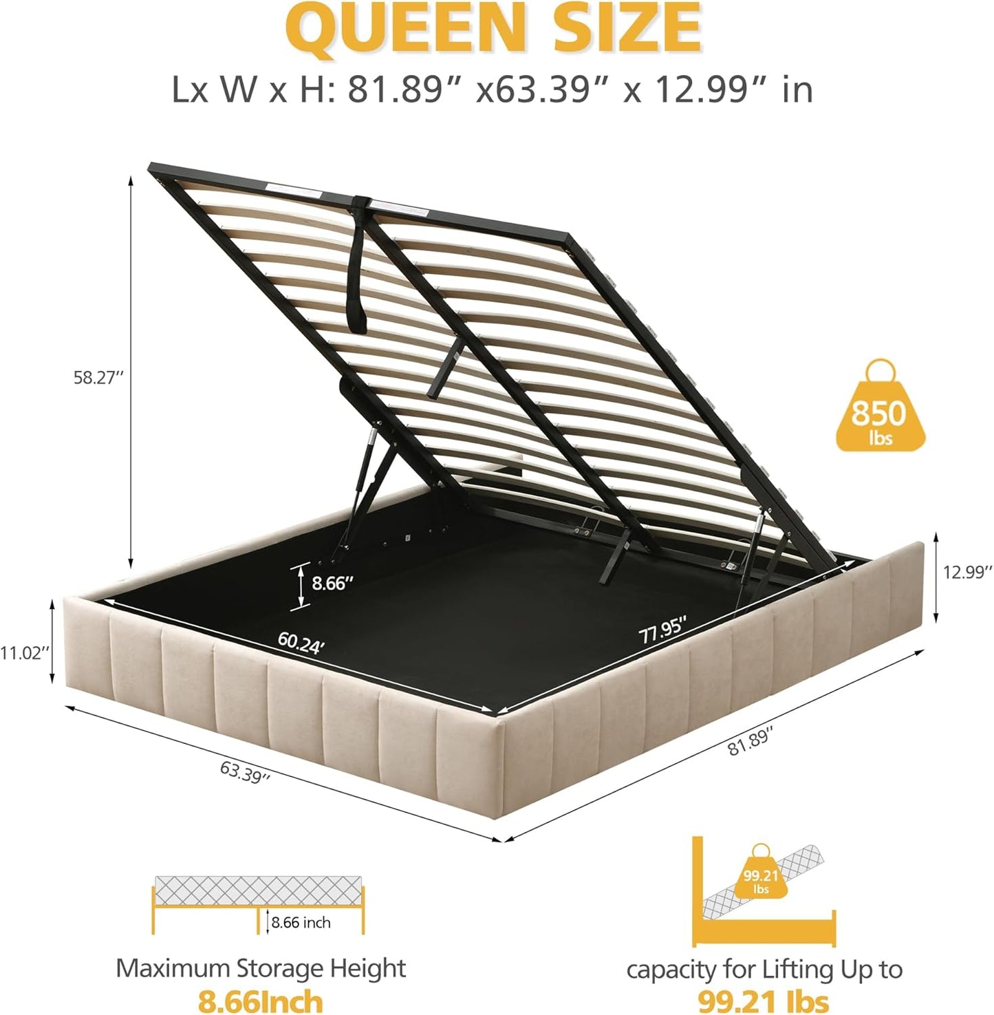 VELOCAVA Lift Up Storage Bed Frame, Upholstered Platform Bed with Gas Hydraulic Mechanism, No Headboard, Large Underbed Storage, Wooden Slats, No Spring Box Needed, Black