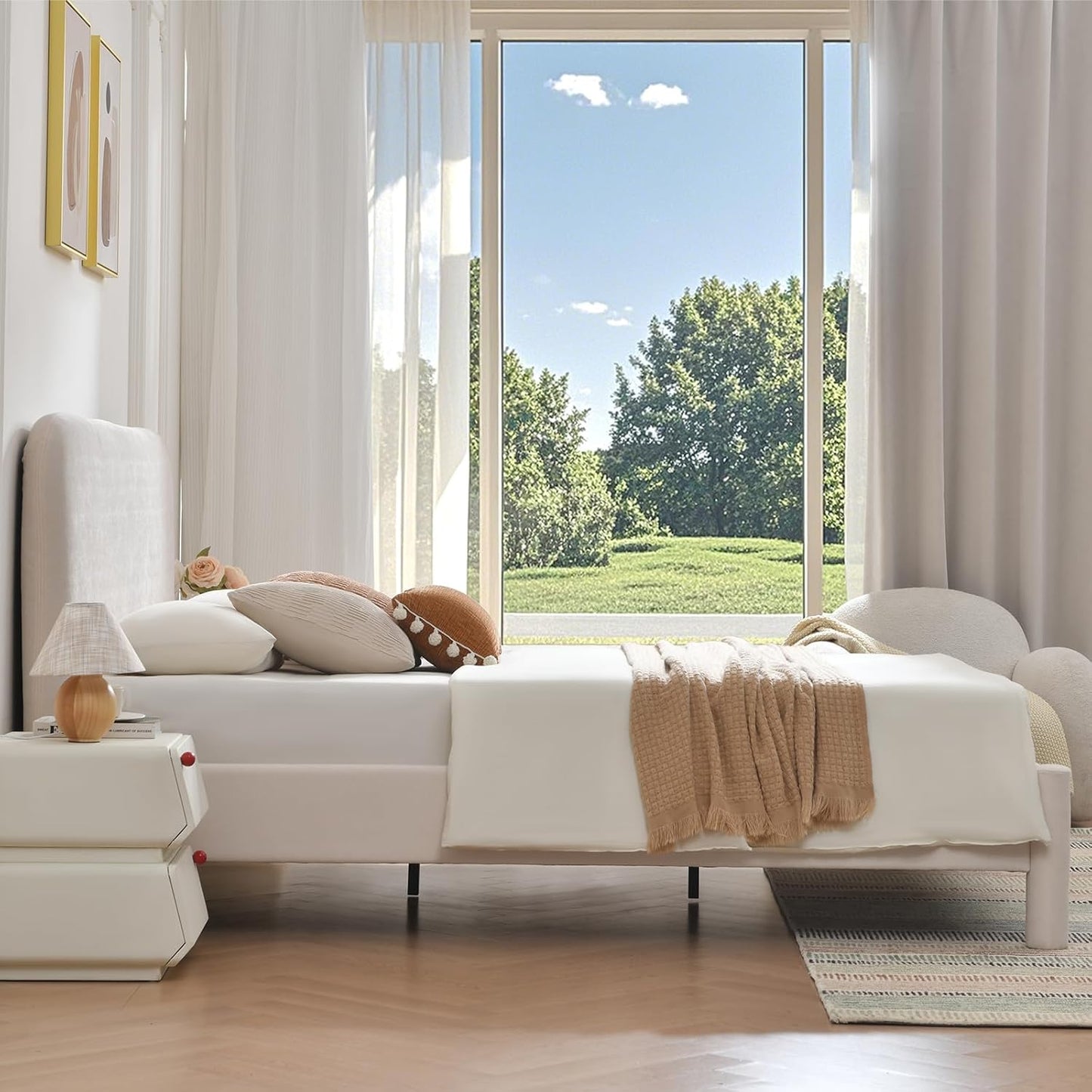 VELOCAVA Upholstered Platform Bed Frame with Curved Headboard and Cylindrical Legs, Rounded Corners Design, Sturdy 30-Slat Support, No Box Spring Required, Linen-Blend Fabric, Beige
