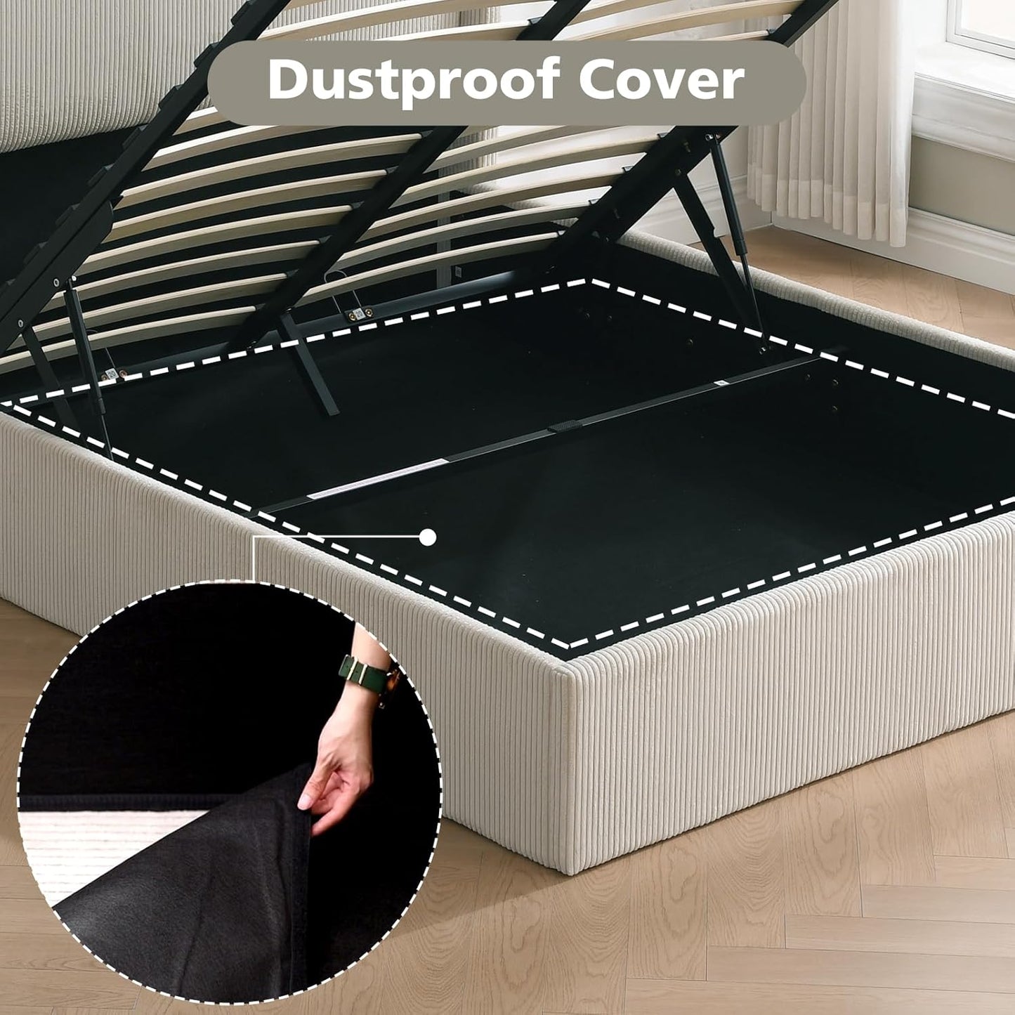 VELOCAVA Lift-Up Storage Bed, Modern Upholstered Corduroy White Bed with Wingback Headboard, Hydraulic Lift Platform, Sturdy Wooden Slat Support, No Box Spring Needed, Easy Assembly