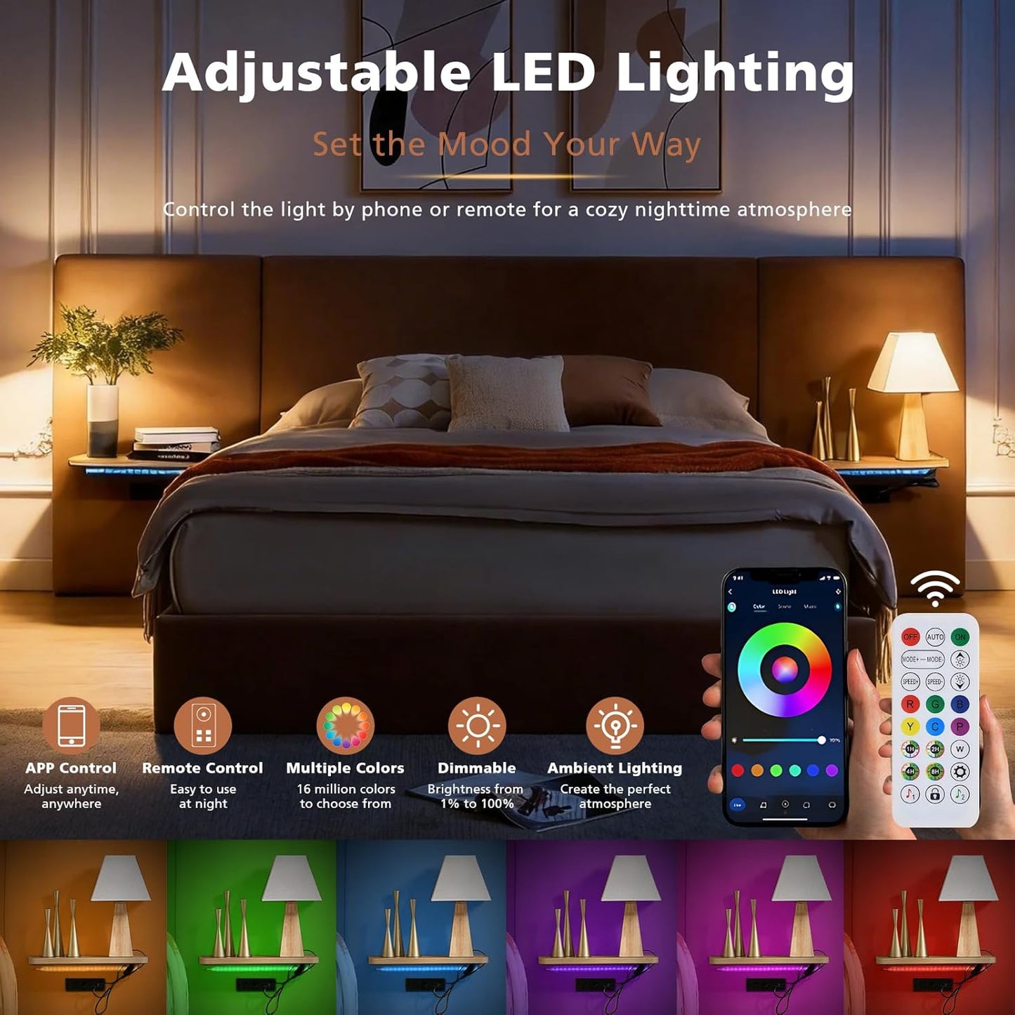 VELOCAVA Lift Up Storage Bed Frame with Extended Upholstered Headboard, Floating Side Shelves, LED Lighting, Charging Station, Hydraulic Lift, No Box Spring Needed, Camel Brown
