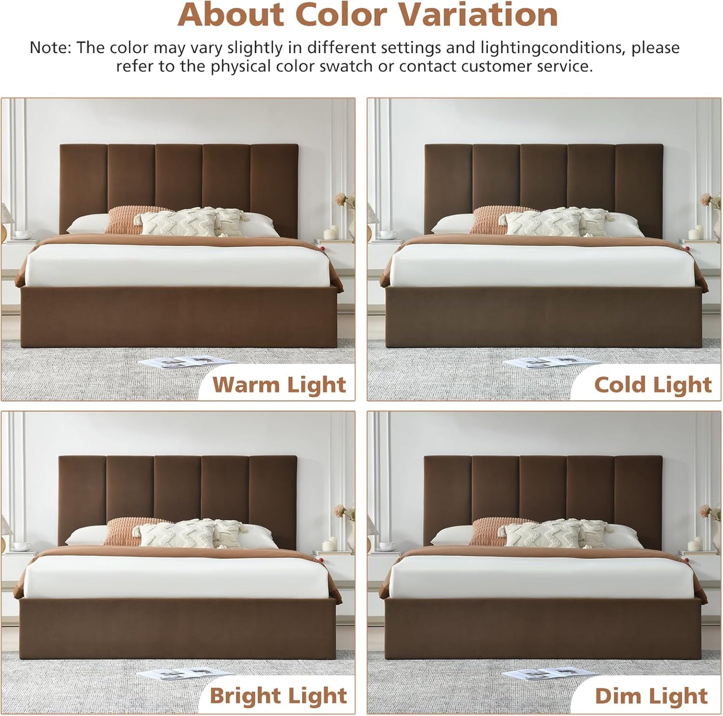 VELOCAVA Lift-Up Storage Bed, Modern Platform Bed with Vertical Panel Headboard, Hydraulic Gas Lift Storage, No Box Spring Needed, Easy Assembly, Velvet-Like Fabric, Brown