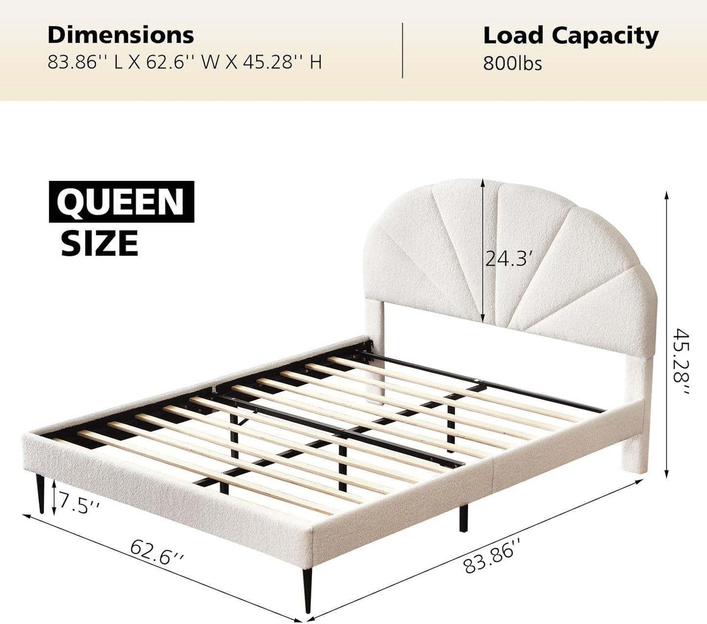 VELOCAVA White Boucle Bed with Seashell Headboard, Upholstered Platform Girls Bed with Soft Rounded Corners, Wooden Slats Support, No Box Spring Needed, Easy Assembly