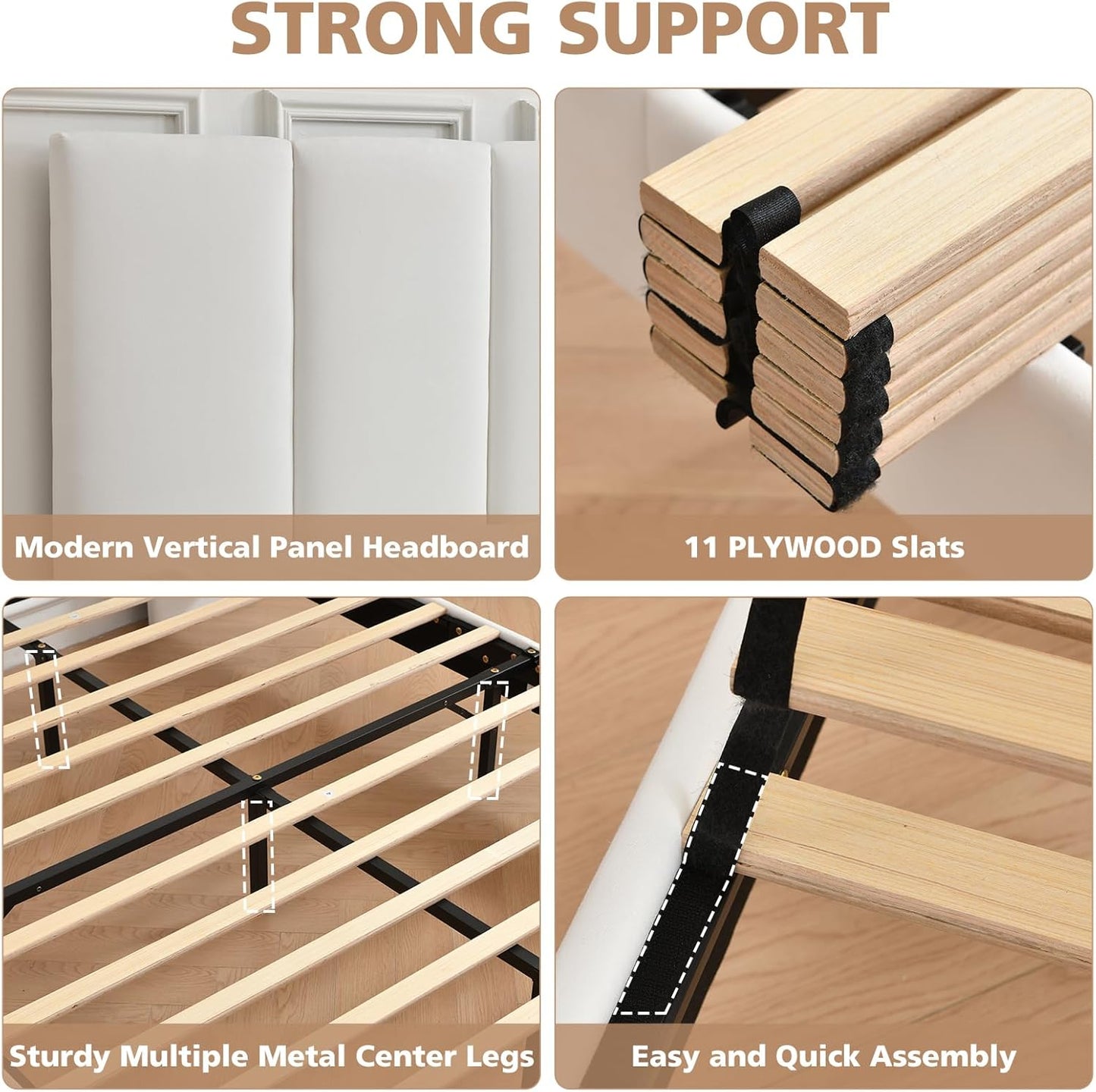 VELOCAVA Upholstered Platform Bed Frame with Vertical Panel Headboard &amp; 6" Upholstered Block Legs, 11 Wood Slats and 5 Support Legs, No Box Spring Needed, Linen-Look Fabric, White