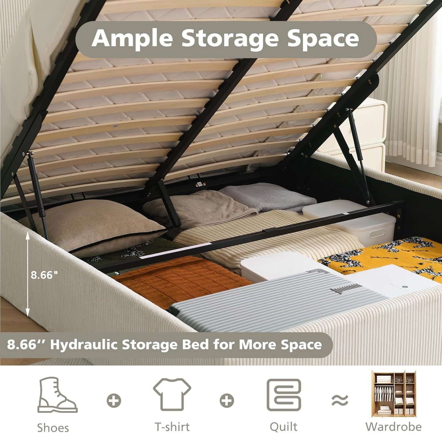 VELOCAVA Lift-Up Storage Bed, Modern Upholstered Corduroy White Bed with Wingback Headboard, Hydraulic Lift Platform, Sturdy Wooden Slat Support, No Box Spring Needed, Easy Assembly