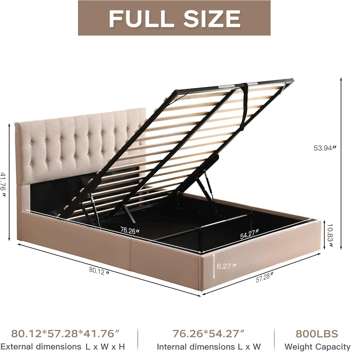 VELOCAVA Size Lift-Up Storage Bed Frame with Button-Tufted Headboard, Gas Lift Platform, Spacious Under-Bed Storage, Wooden Slats, No Box Spring Needed, Light Khaki Linen-Look