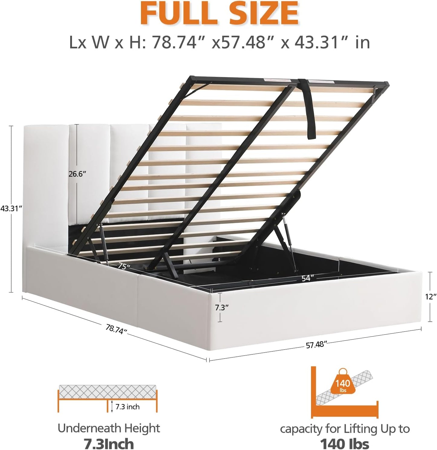 VELOCAVA Hydraulic Lift Storage Bed Frame, White Linen-Look Upholstered Platform Bed with Vertical Panel Headboard, Hidden Under-Bed Storage, No Box Spring Needed