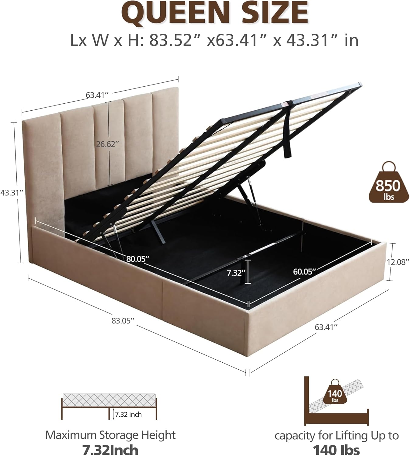 VELOCAVA Hydraulic Lift Storage Bed Frame, Beige Linen Upholstered Platform Bed with Vertical Panel Headboard, Hidden Under-Bed Storage, Wooden Slat Support, No Box Spring Needed