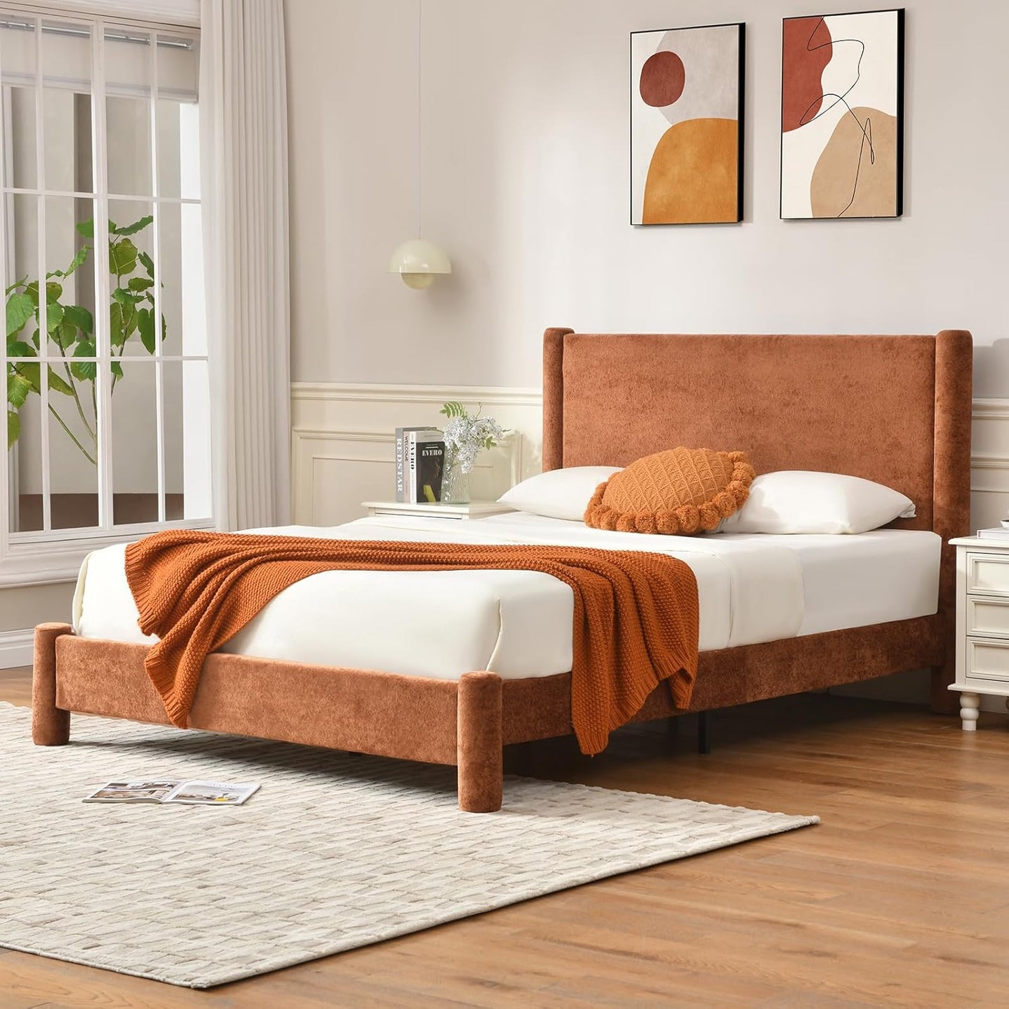 VELOCAVA Upholstered Platform Bed Frame with Soft Rounded Corners, 44.88" Tall Headboard, Luxury Plush Velvet Upholstery, 11 Slats &amp; 5 Center Legs, No Box Spring Needed, Rust Orange