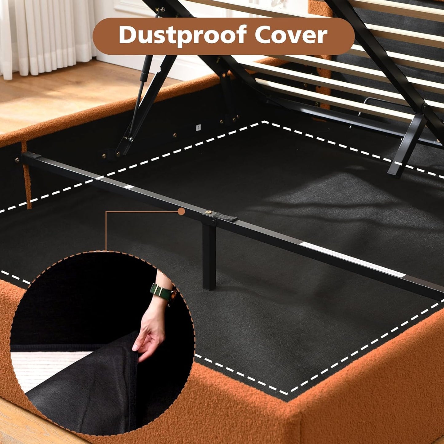 VELOCAVA Lift-Up Storage Bed, Modern Upholstered Boucle Bed with Curved Headboard, Gas Lift Platform, Sturdy Wooden Slat Support, No Box Spring Needed, Easy Assembly, Rust Brown