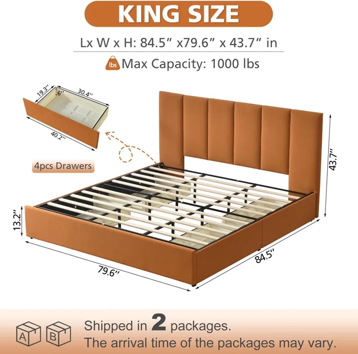 VELOCAVA Upholstered Storage Bed Frame with 4 Drawers, Modern Linen Platform Bed with Vertical Channel Headboard, Sturdy Wood Slats, Under Bed Storage, No Box Spring Needed, Orange