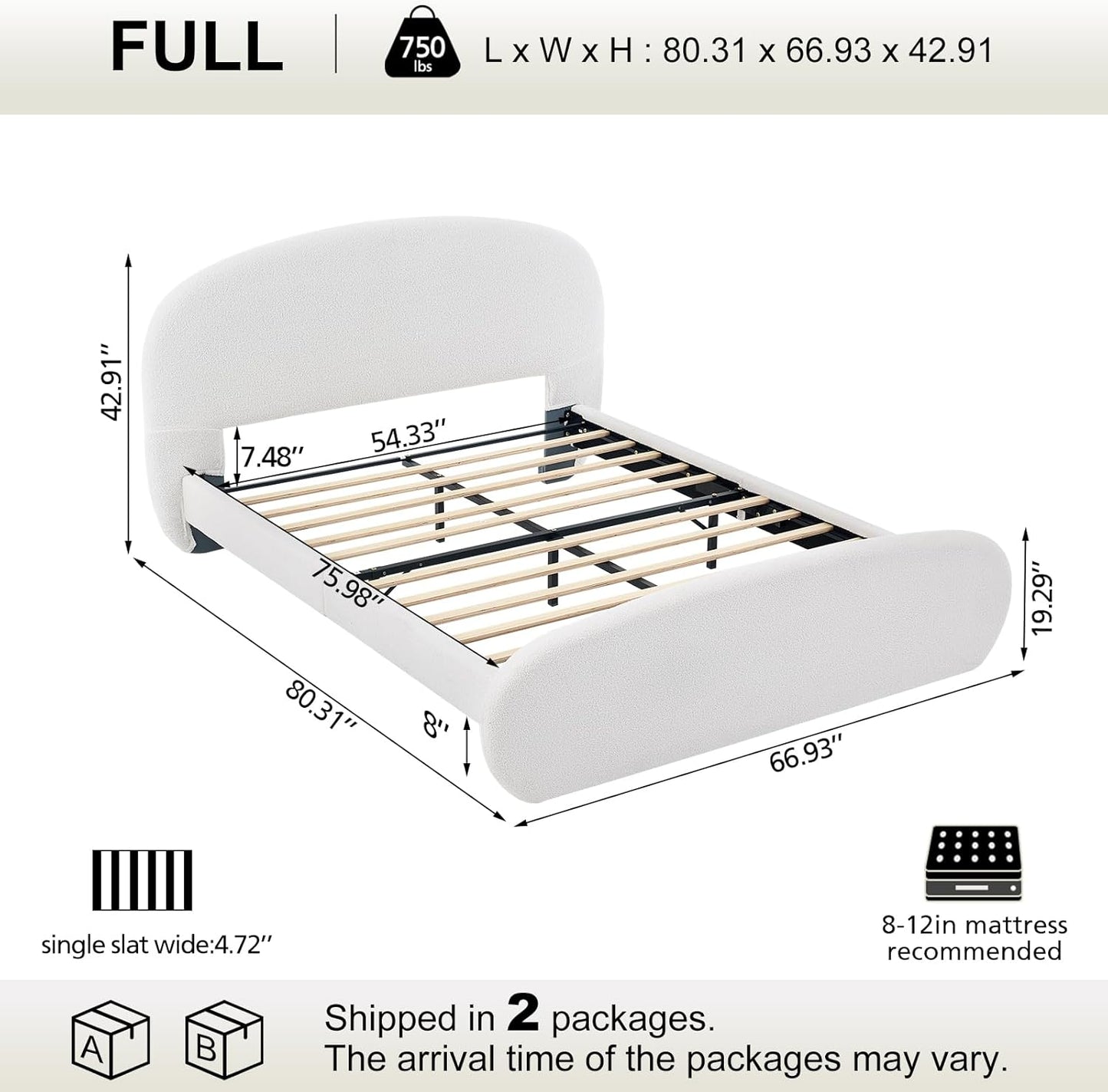 VELOCAVA Upholstered Platform Bed Frame, Curved Silhouette Headboard &amp; Footboard, Bouclé Texture, Removable Headboard Cover, 11 Plywood Slats, No Box Spring Needed, Cream White