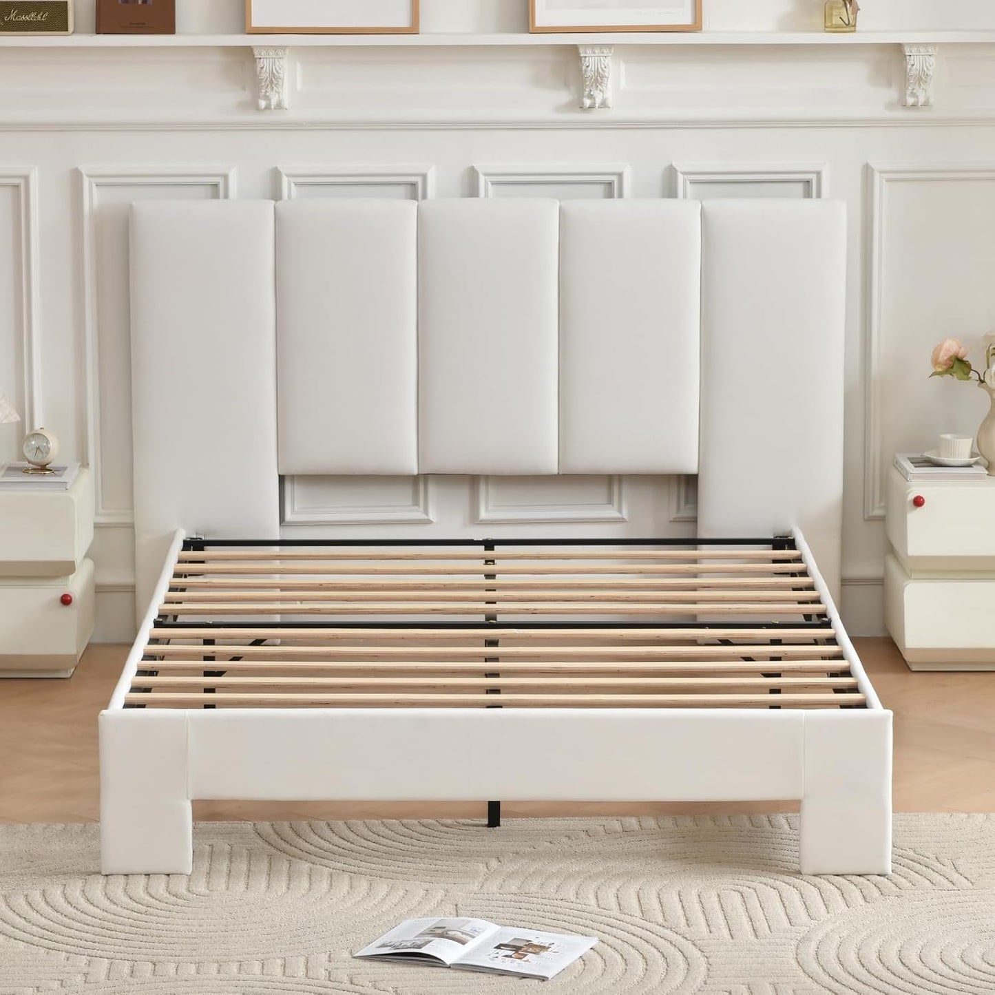 VELOCAVA Upholstered Platform Bed Frame with Vertical Panel Headboard &amp; 6" Upholstered Block Legs, 11 Wood Slats and 5 Support Legs, No Box Spring Needed, Linen-Look Fabric, White