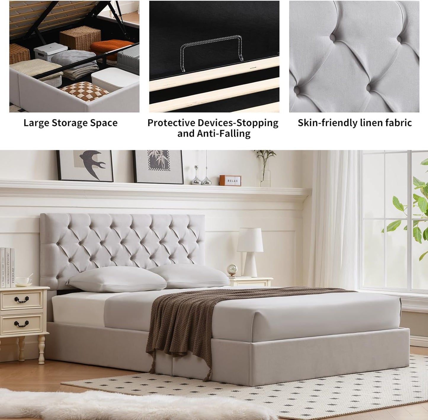 VELOCAVA Hydraulic Lift-Up Storage Bed, Light Gray Linen-Textured Upholstered Platform Frame with Button-Tufted Headboard, Modern Space-Saving Design, No Box Spring Required, Easy Assembly