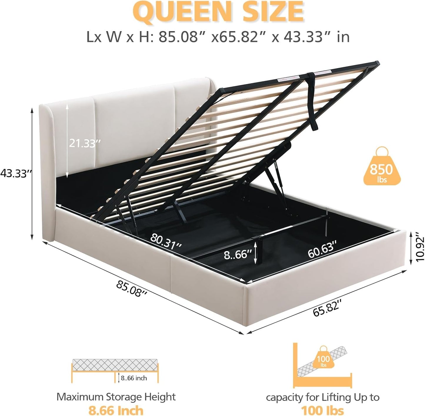 VELOCAVA Lift Up Storage Bed Frame, Velvet-Look Upholstered Bed with Modern Wingback Headboard, Gas Lift Storage, Space Saving Design, No Box Spring Needed, White