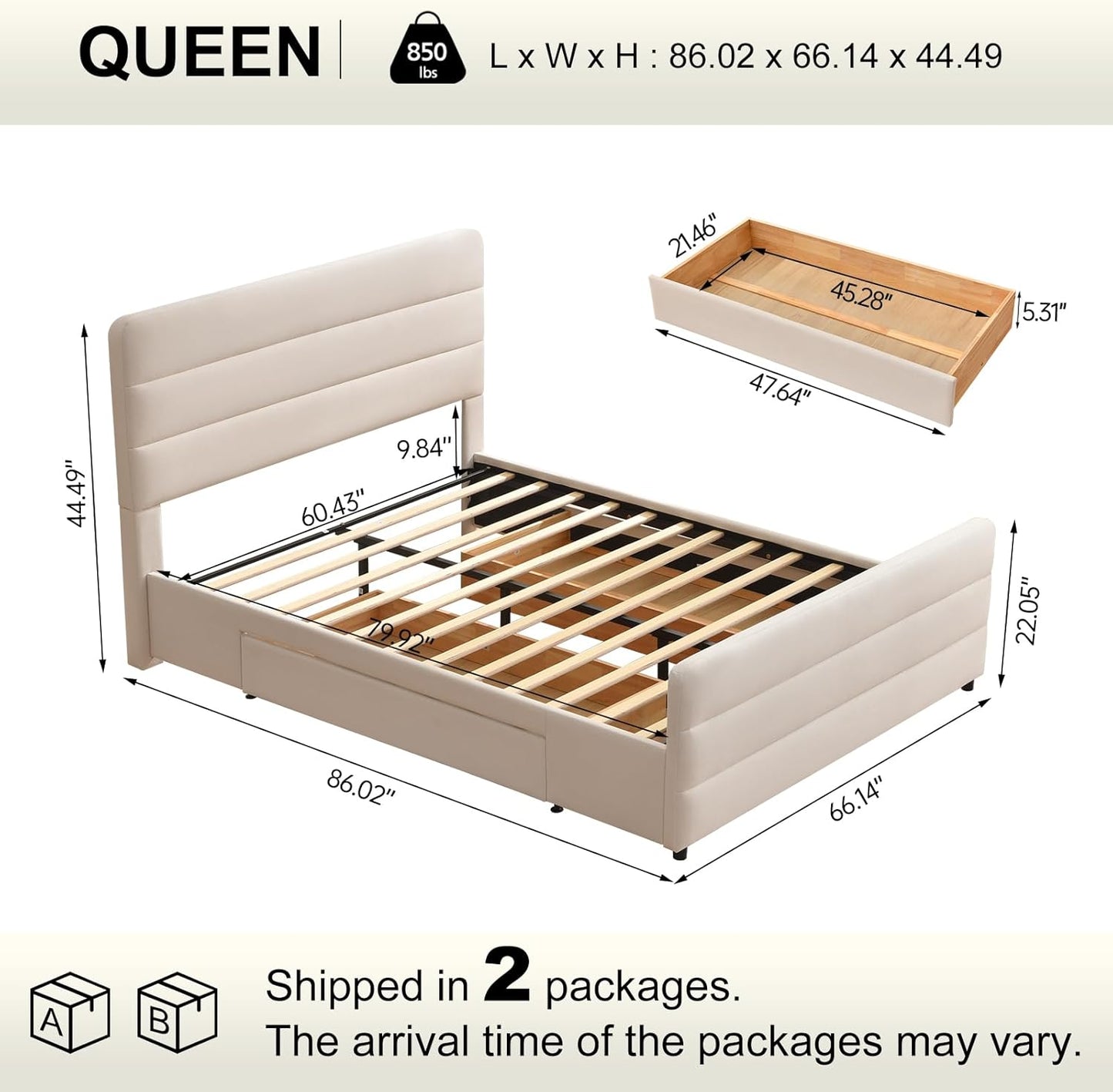 VELOCAVA Upholstered Platform Bed with Tall Headboard and Footboard, 2 Side Storage Drawers, Modern Beige Fabric Bed Frame, No Box Spring Needed, Slatted Base Support, Easy Assembly