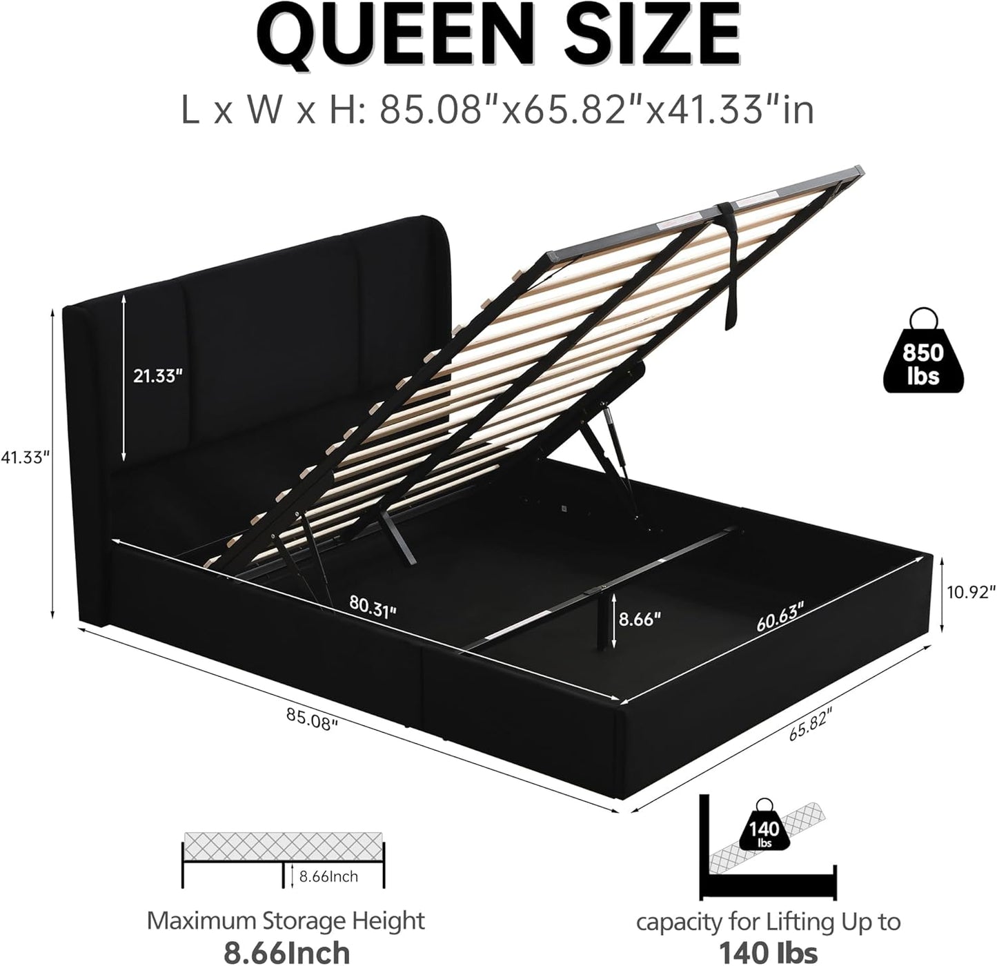 VELOCAVA Lift Up Storage Bed Frame, Velvet-Look Upholstered Bed with Modern Wingback Headboard, Gas Lift Storage, Space Saving Design, No Box Spring Needed, Black