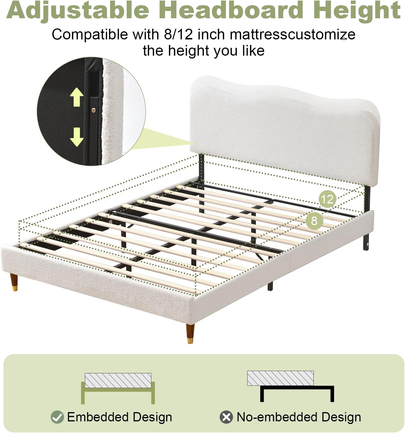 VELOCAVA Boucle Bed Frame with Curved Adjustable Headboard, Upholstered Cloud Platform Bed, Rounded Corners, Wooden Slats Support, No Box Spring Needed, Easy Assembly, Cream White