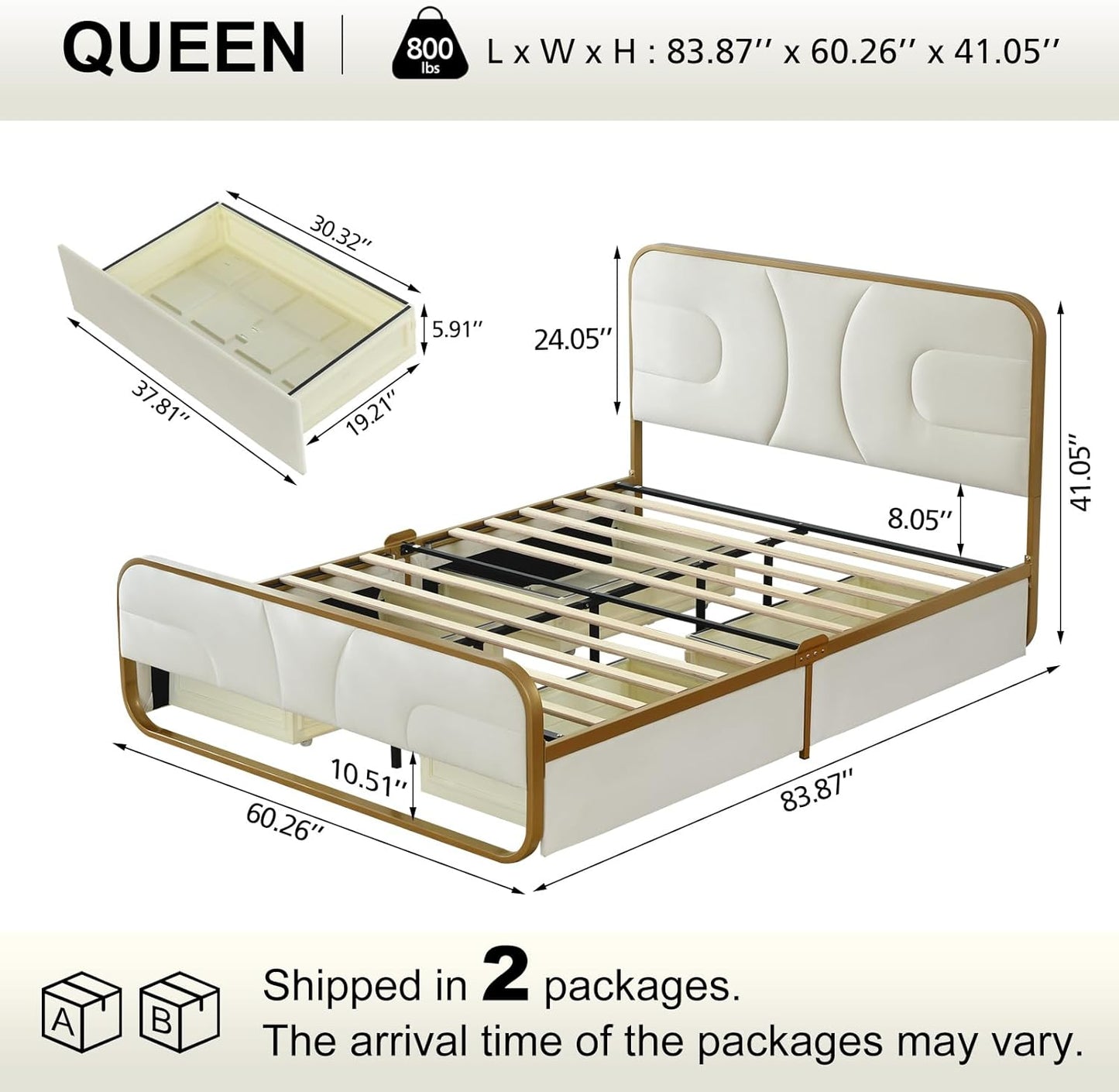 VELOCAVA Rounded Metal Upholstered Bed with 4 Storage Drawers, Velvet Platform Storage Bedframe with Headboard, Wooden Slats Support, No Box Spring Needed, Cream