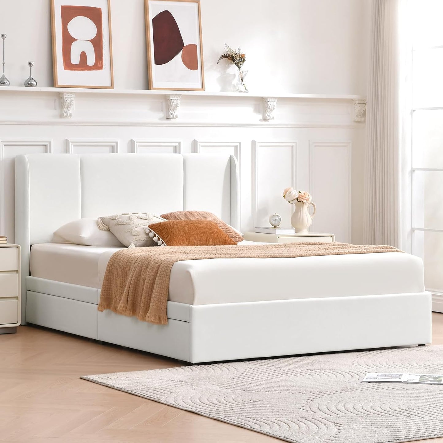 VELOCAVA Full Size Upholstered Bed Frame with 4 Storage Drawers, Modern Velvet-Like Platform Bed with Wingback Headboard, Sturdy Wood Slats,No Box Spring Needed, White