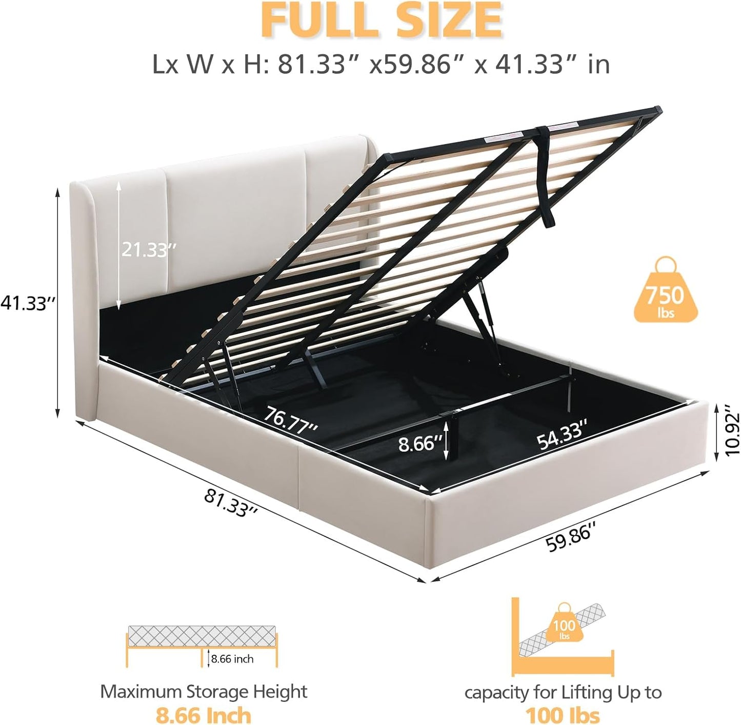 VELOCAVA Lift Up Storage Bed Frame, Velvet-Look Upholstered Bed with Modern Wingback Headboard, Gas Lift Storage, Space Saving Design, No Box Spring Needed, White