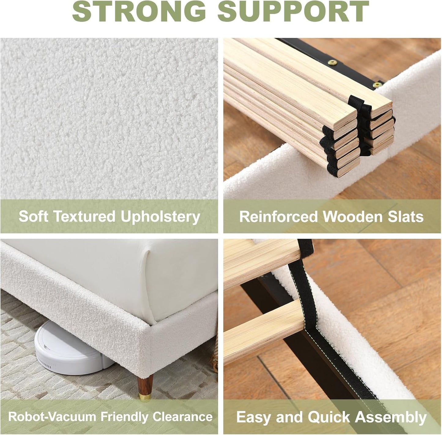 VELOCAVA Boucle Bed Frame with Curved Adjustable Headboard, Upholstered Cloud Platform Bed, Rounded Corners, Wooden Slats Support, No Box Spring Needed, Easy Assembly, Cream White