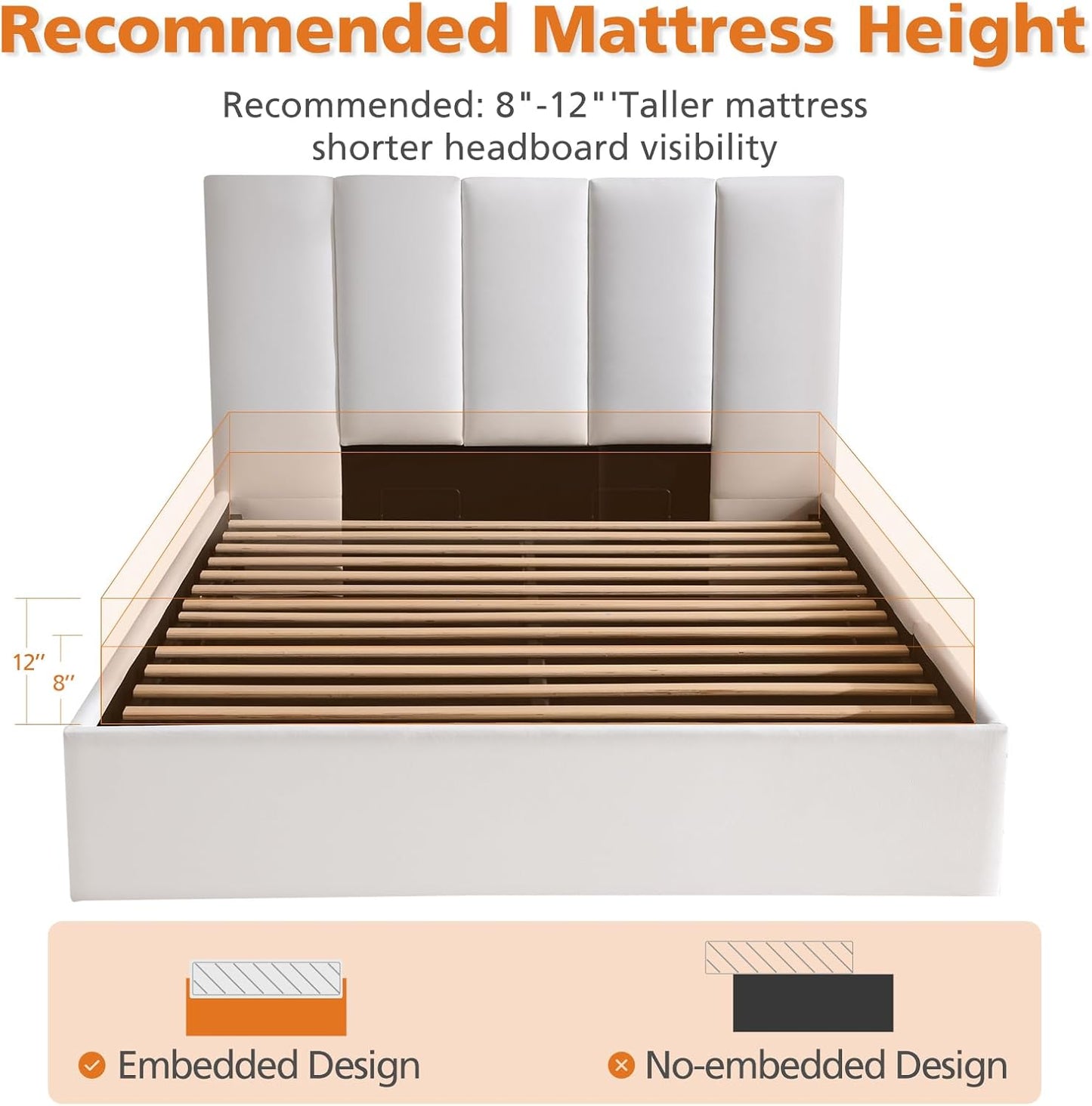 VELOCAVA Hydraulic Lift Storage Bed Frame, White Linen-Look Upholstered Platform Bed with Vertical Panel Headboard, Hidden Under-Bed Storage, No Box Spring Needed