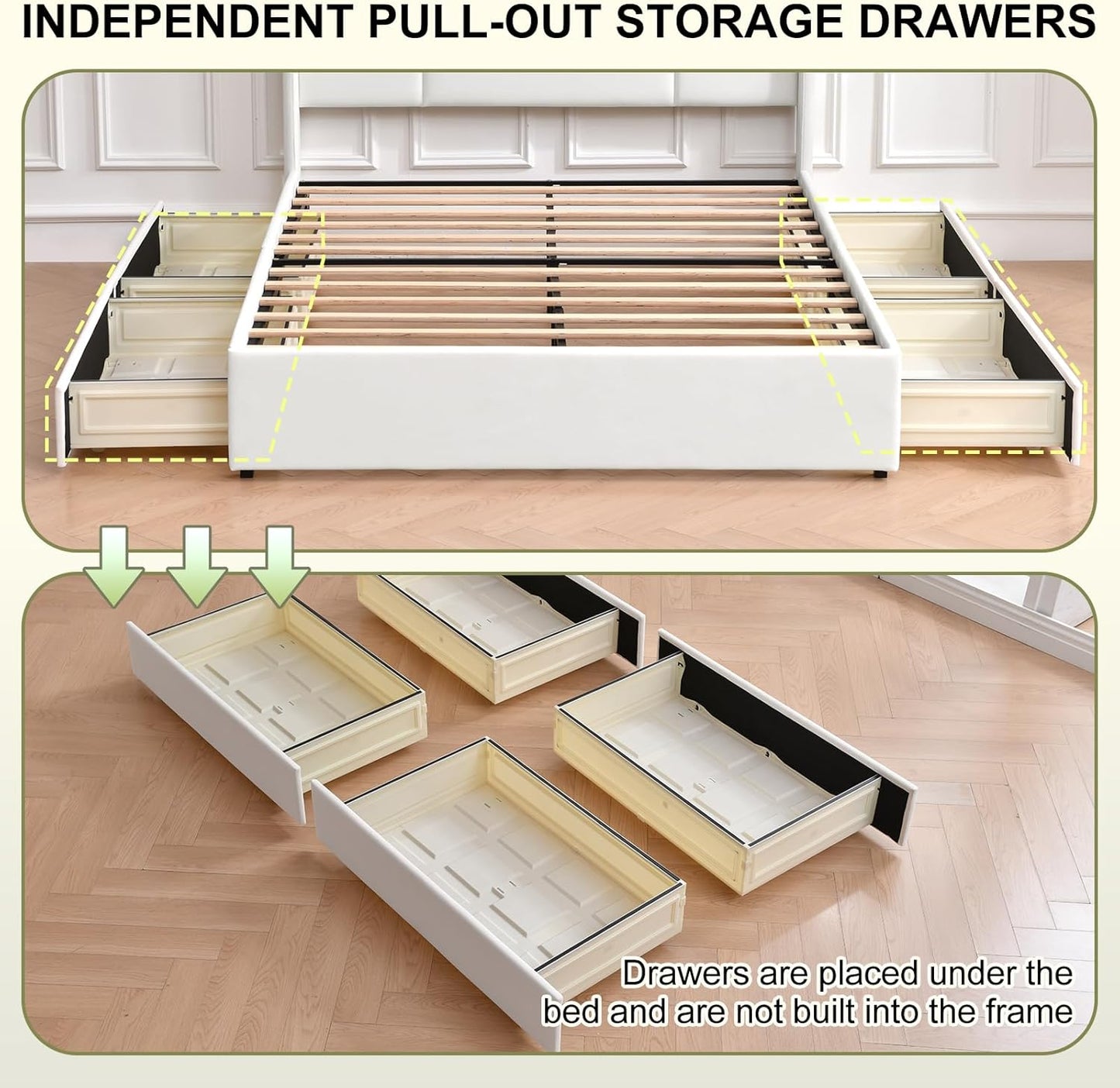 VELOCAVA Full Size Upholstered Bed Frame with 4 Storage Drawers, Modern Velvet-Like Platform Bed with Wingback Headboard, Sturdy Wood Slats,No Box Spring Needed, White