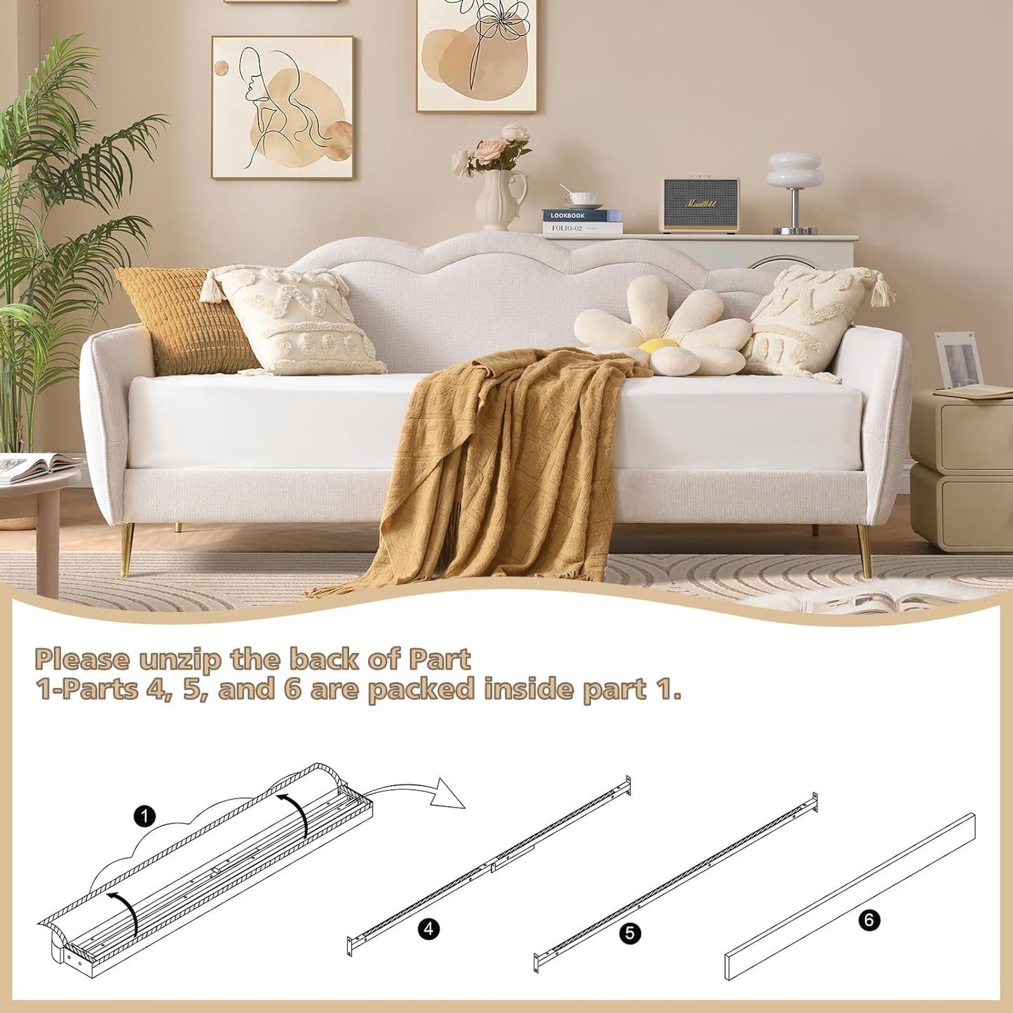 VELOCAVA Twin Size Upholstered Daybed with Cloud-Shaped Backrest, Modern Linen Sofa Bed with Metal Legs, Wood Slat Support for Bedroom, Living Room, Guest Room, Beige White