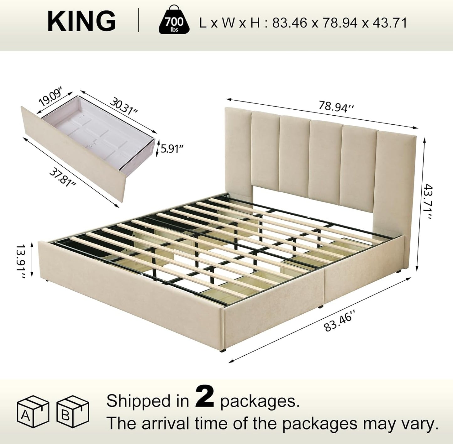 VELOCAVA Upholstered Bed with 4 Storage Drawers, Modern Linen Platform Bed Frame with Vertical Channel Headboard, Sturdy Wood Slats, Space-Saving Design, No Box Spring Needed, Beige