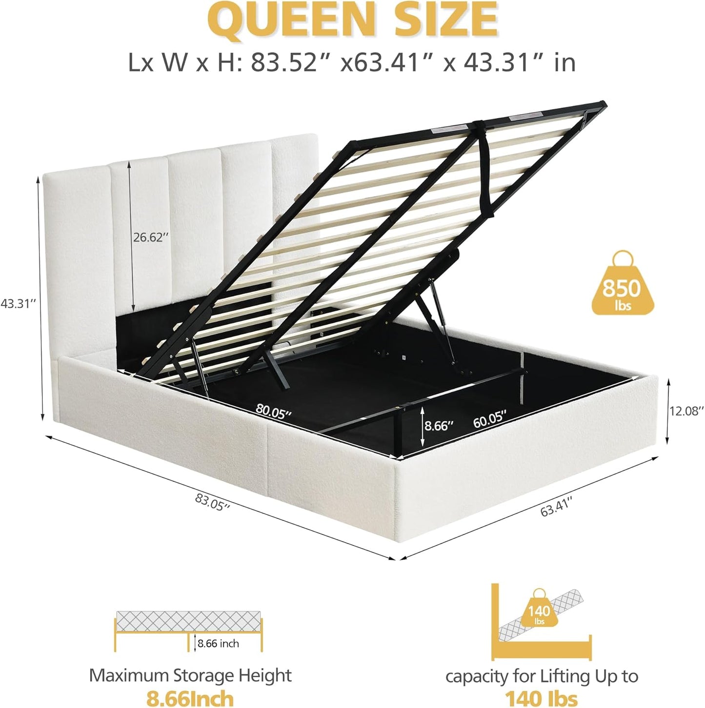 VELOCAVA Lift-Up Storage Bed Frame, Boucle Upholstered Platform Bed with Vertical Channel Headboard, Hydraulic Storage, Sturdy Wooden Slat Support, No Box Spring Needed, Cream White
