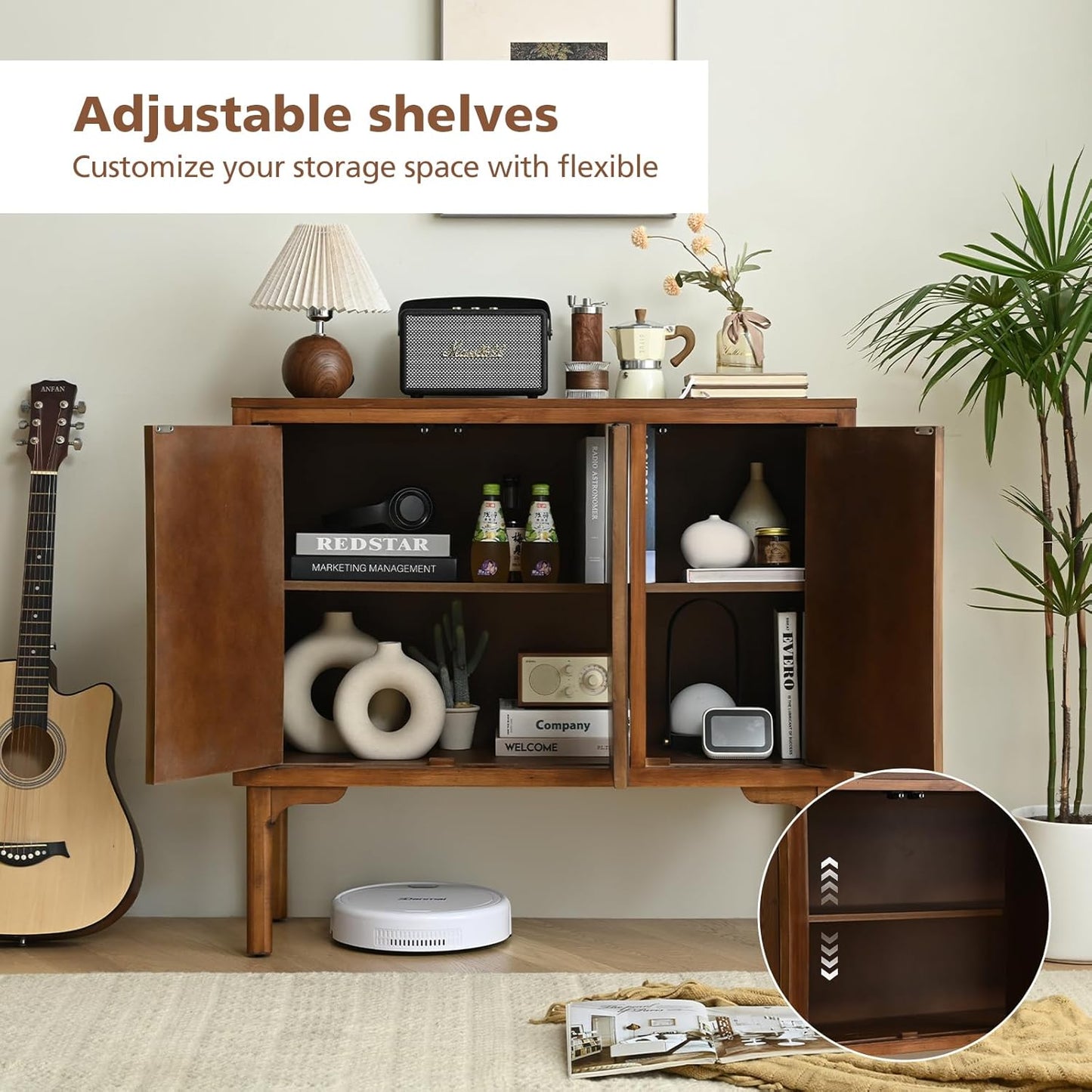 Ahokua Mid-Century Modern Sideboard with Wave Doors, 3-Door Push-to-Open Storage Cabinet, Walnut Accent Buffet with Adjustable Shelves for Dining Room, Entryway, or Living Room