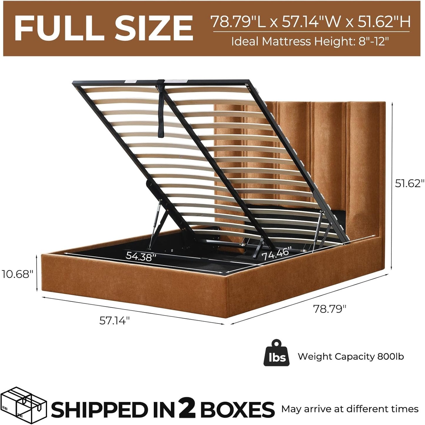 Lift Up Storage Bed, Upholstered Platform Bed Frame with Storage Underneath, 51.6'' Tall Vertical Channel Tufted Headboard, Linen-Textured, Hydraulic Support, No Box Spring Needed, Brown